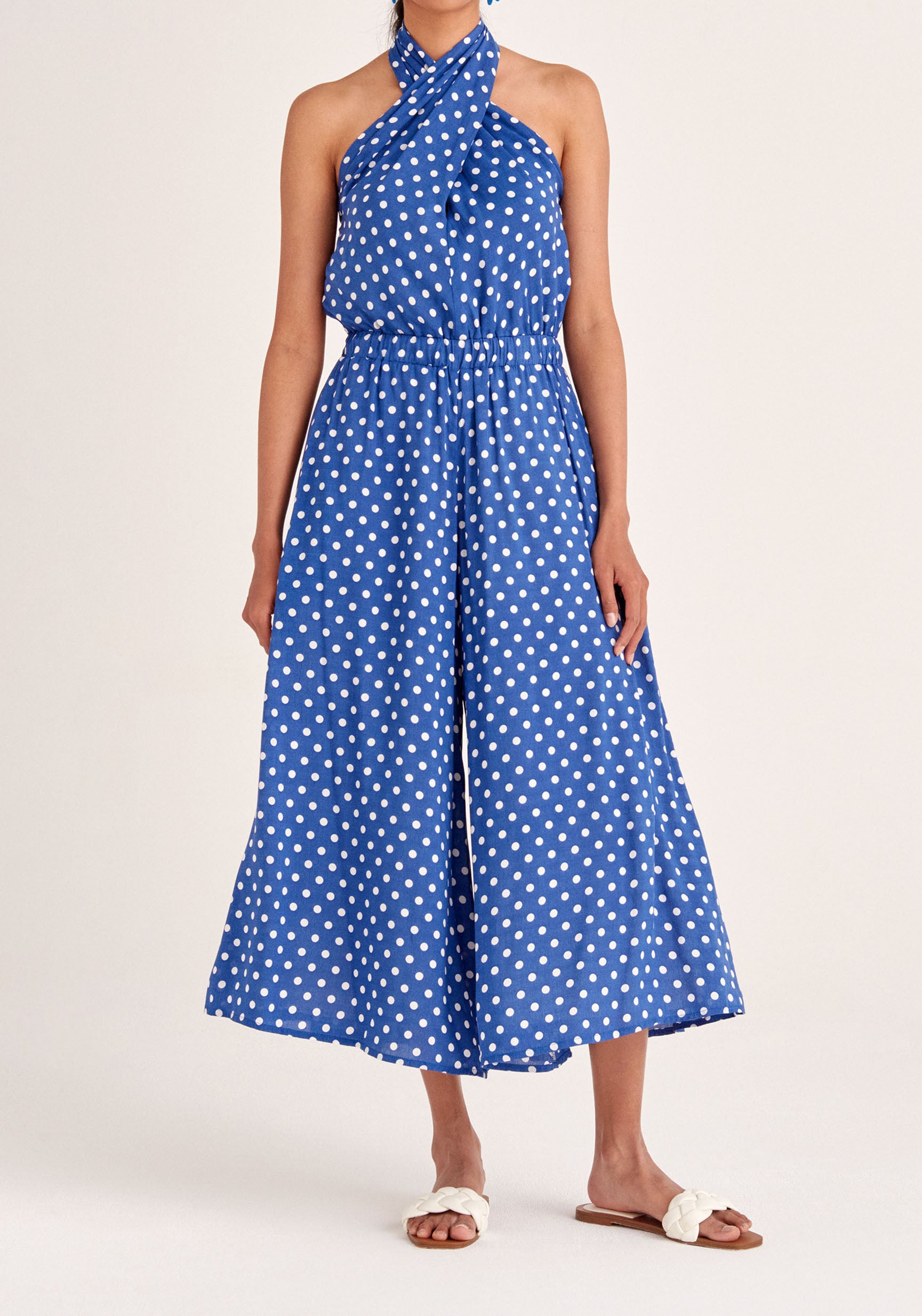 Paisie Polka Dot Halterneck Wrap Jumpsuit in Dark Blue and White