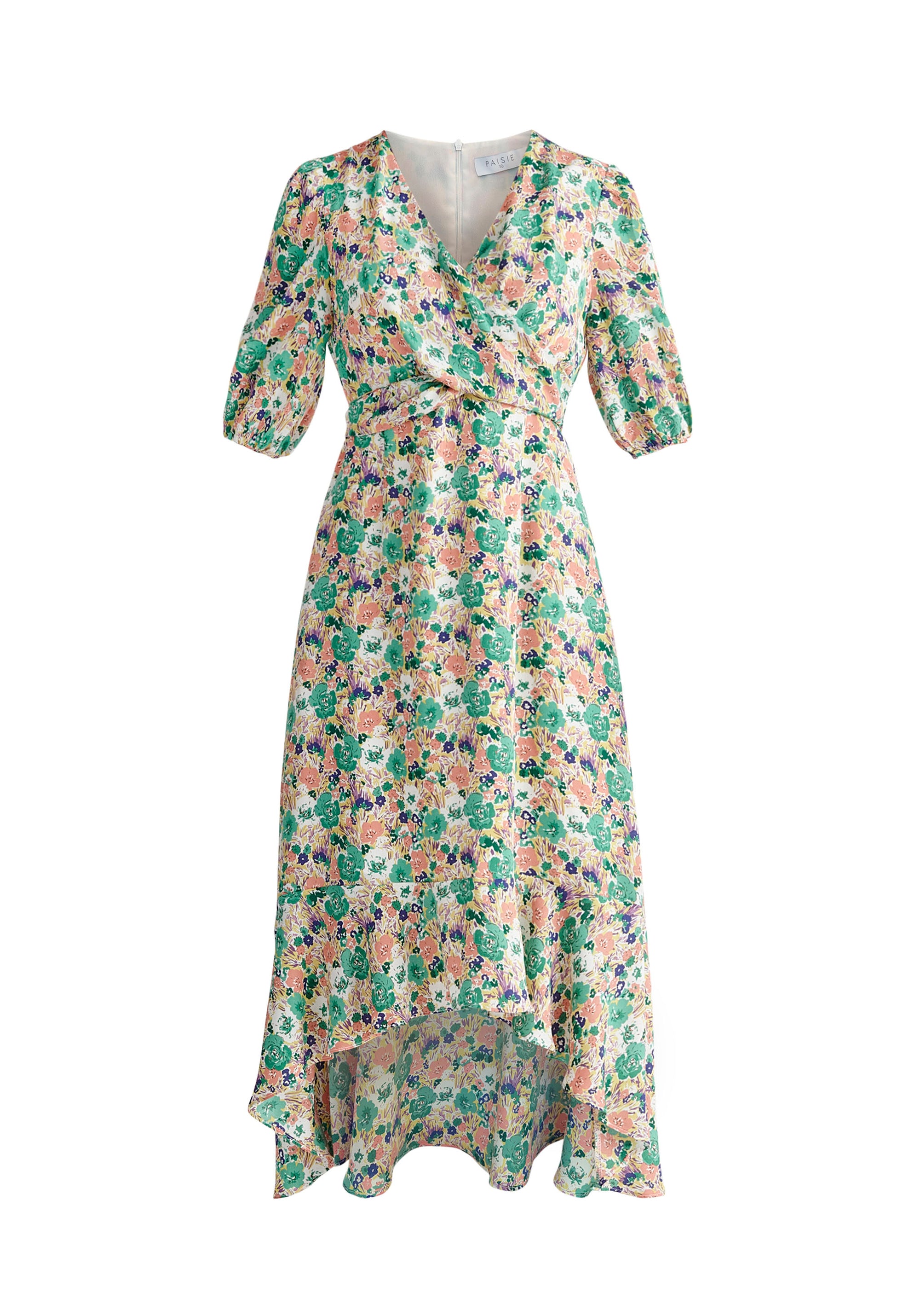 Paisie Floral Dip Hem Wrap Dress Cut Out