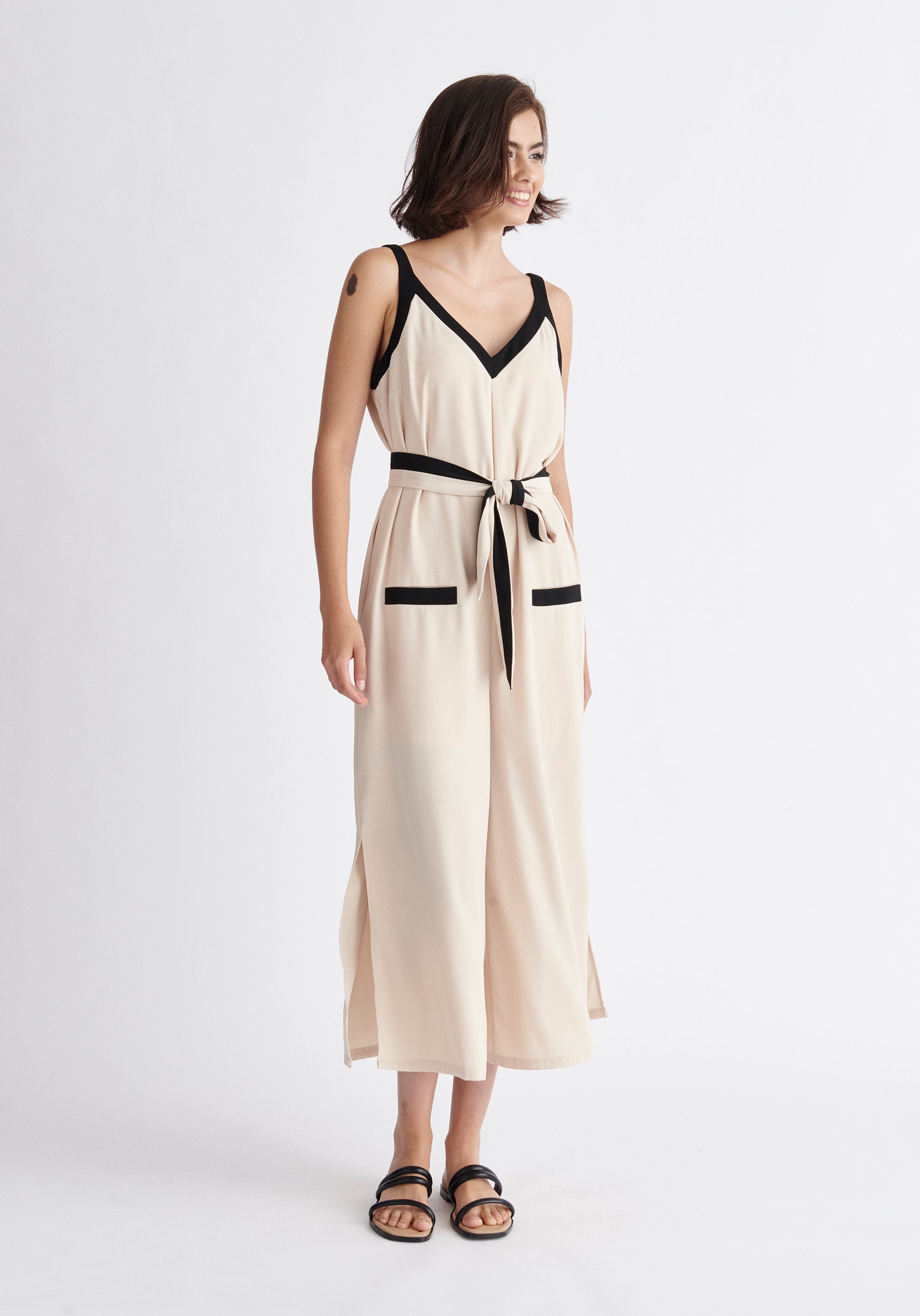 Paisie Contrast Colour Jumpsuit in Cream and Black
