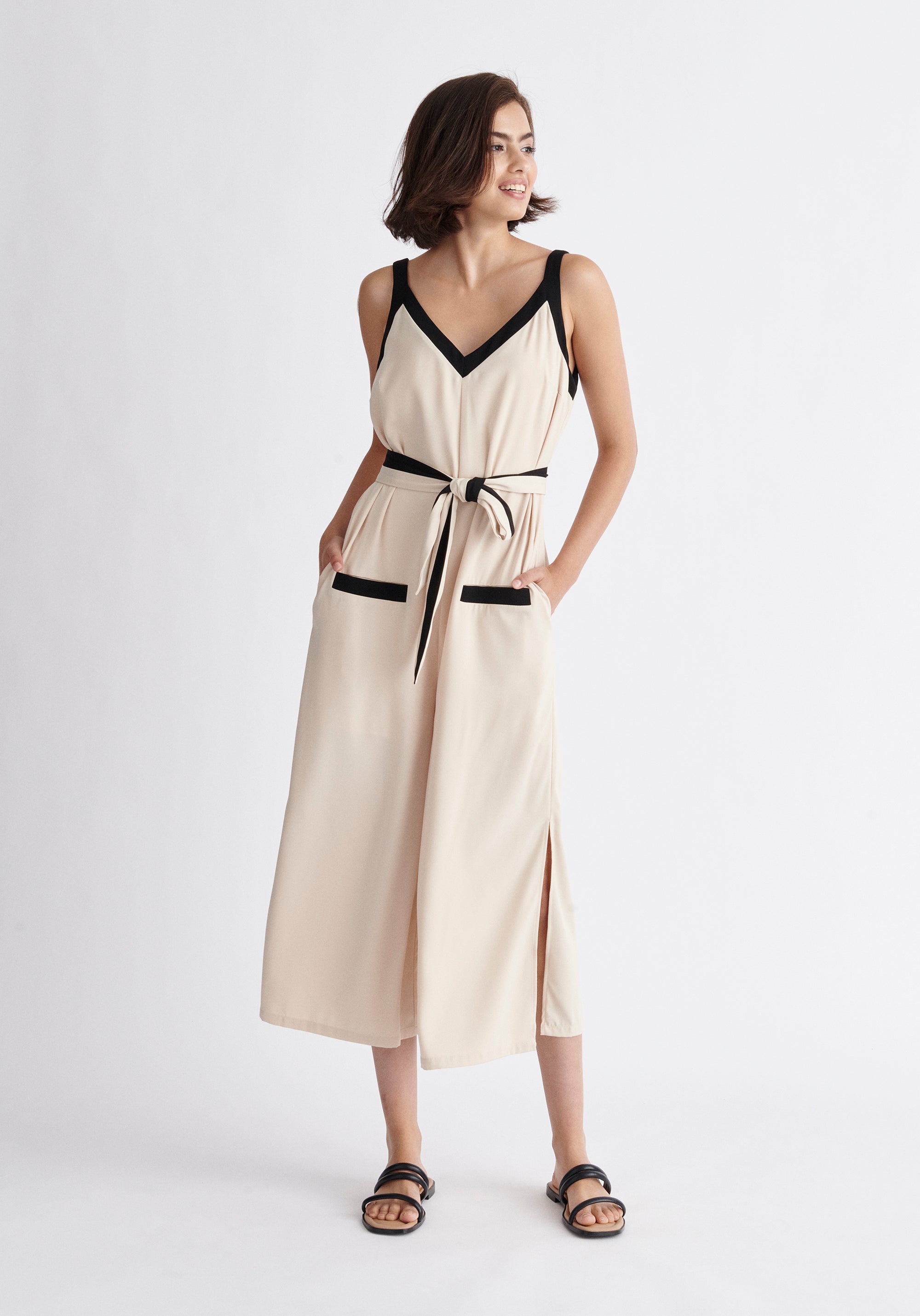 Paisie Contrast Colour Jumpsuit in Cream and Black