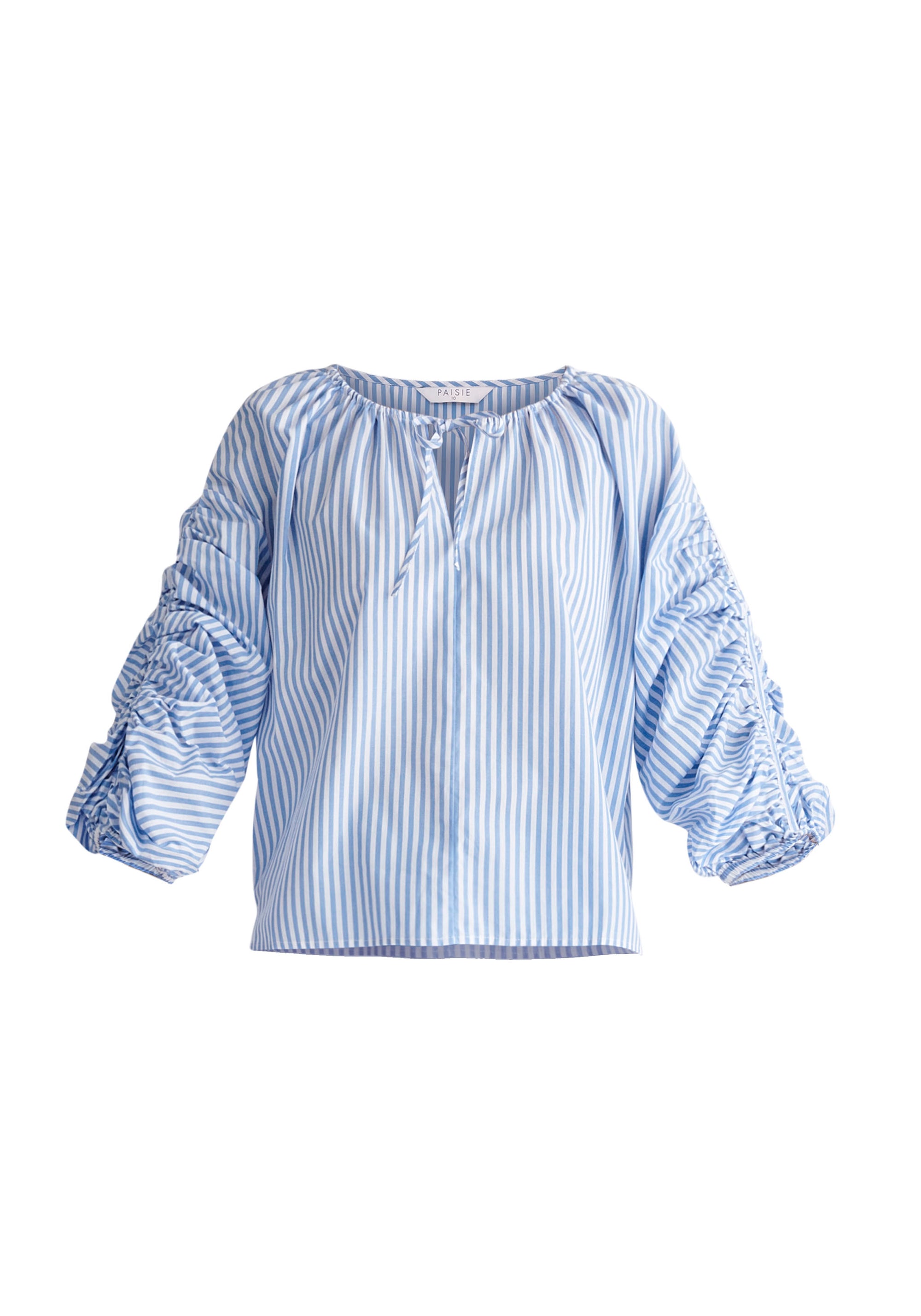 Paisie Striped Ruched Sleeve Top in Light Blue and White Cut Out