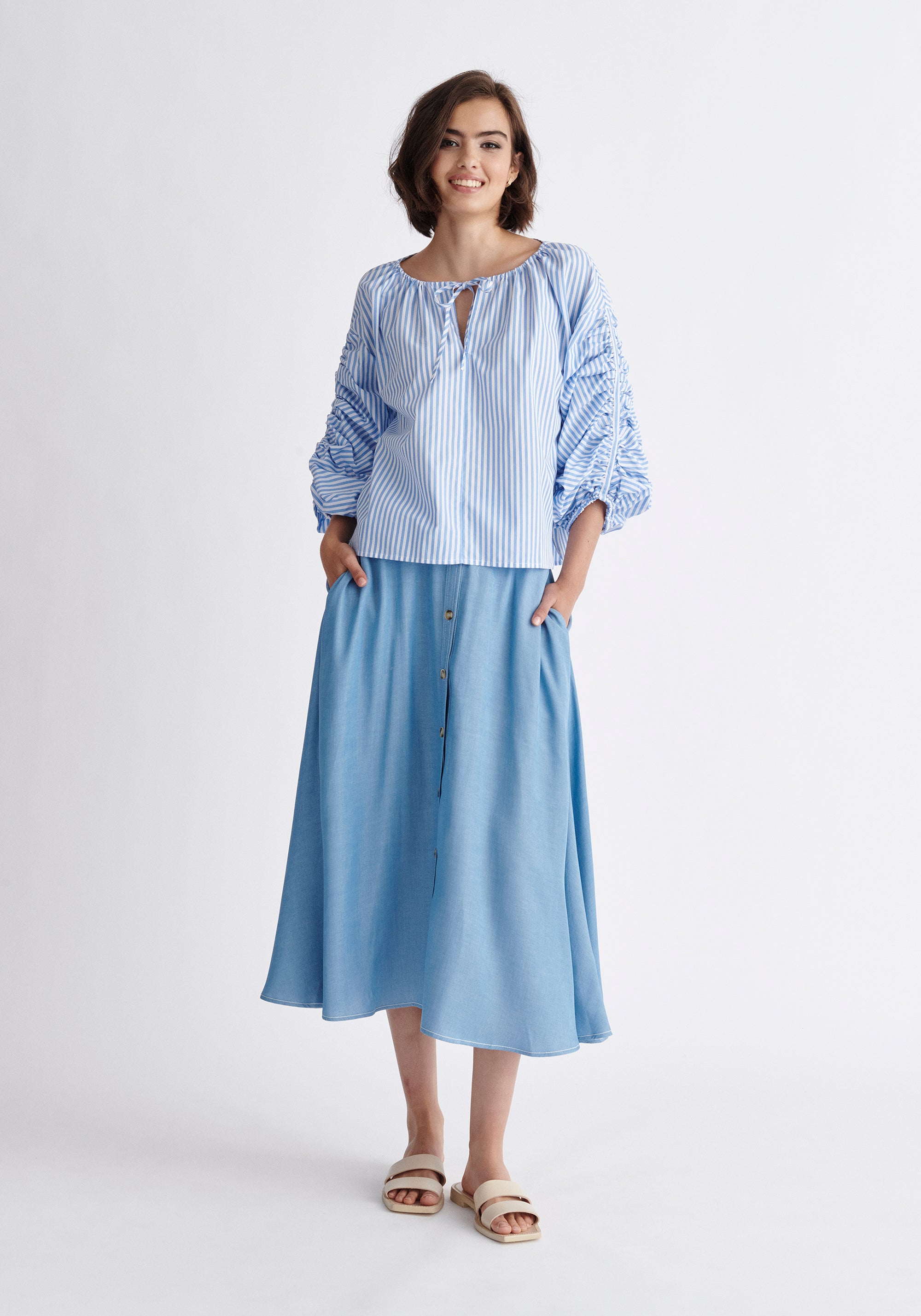 Paisie Striped Ruched Sleeve Top in Light Blue and White