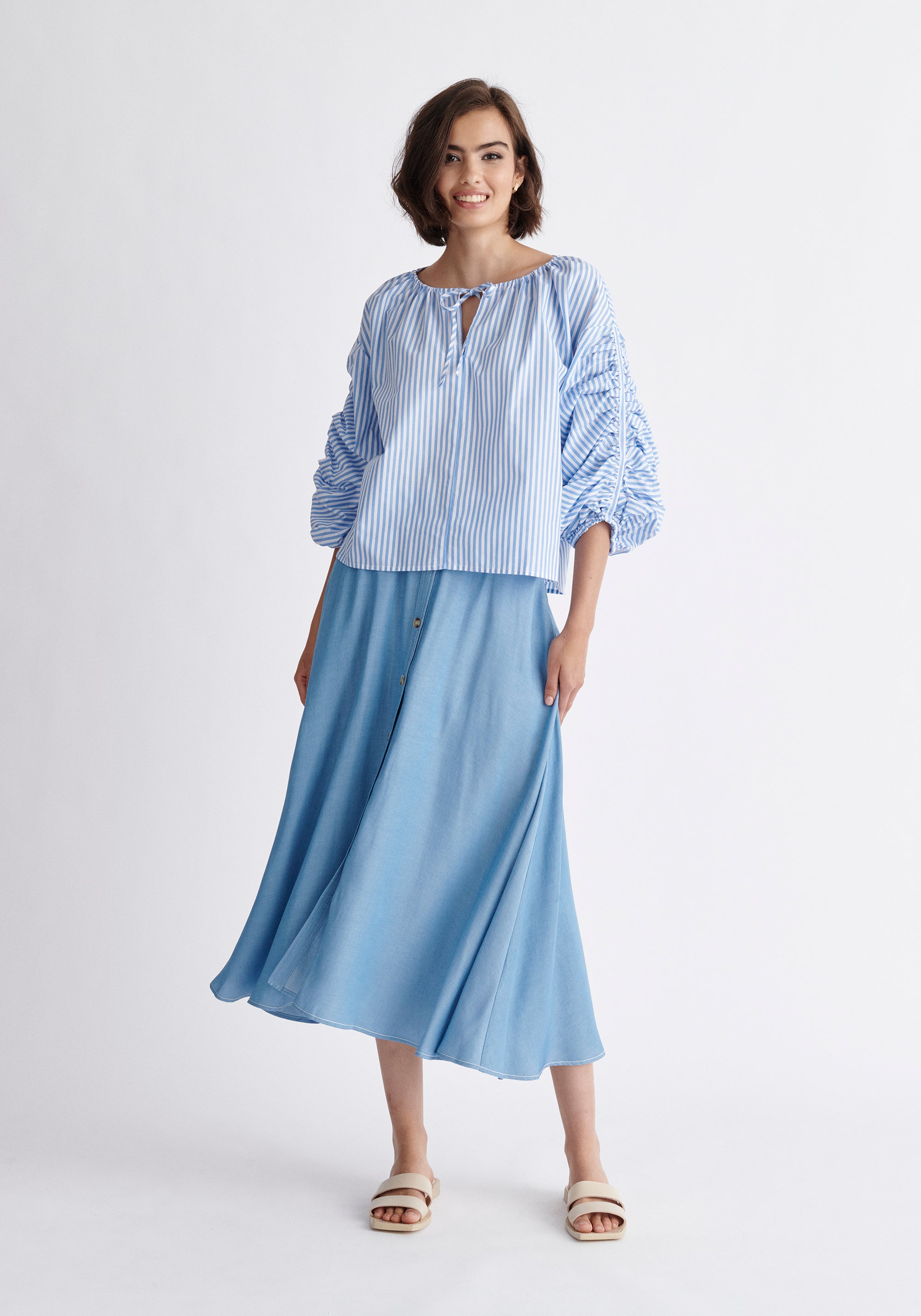 Paisie Striped Ruched Sleeve Top in Light Blue and White