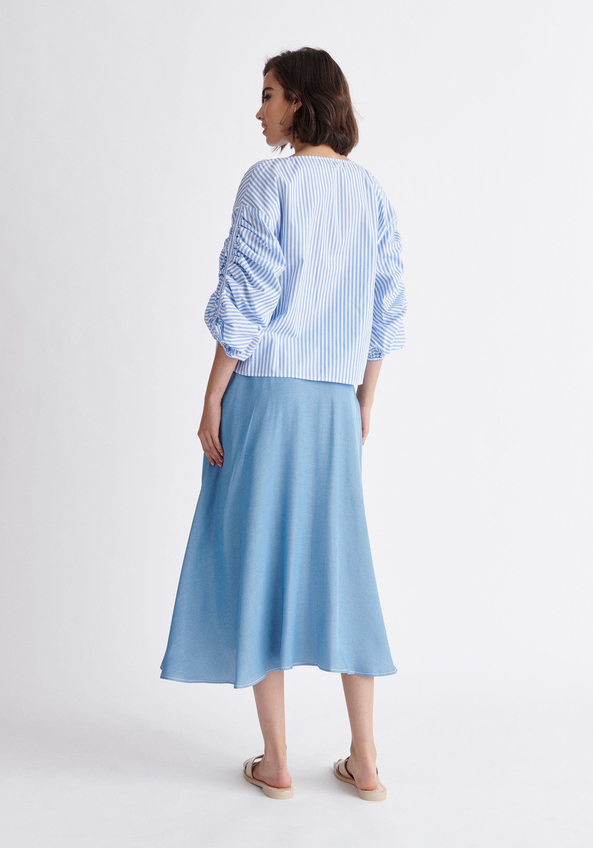 Paisie Striped Ruched Sleeve Top in Light Blue and White Back