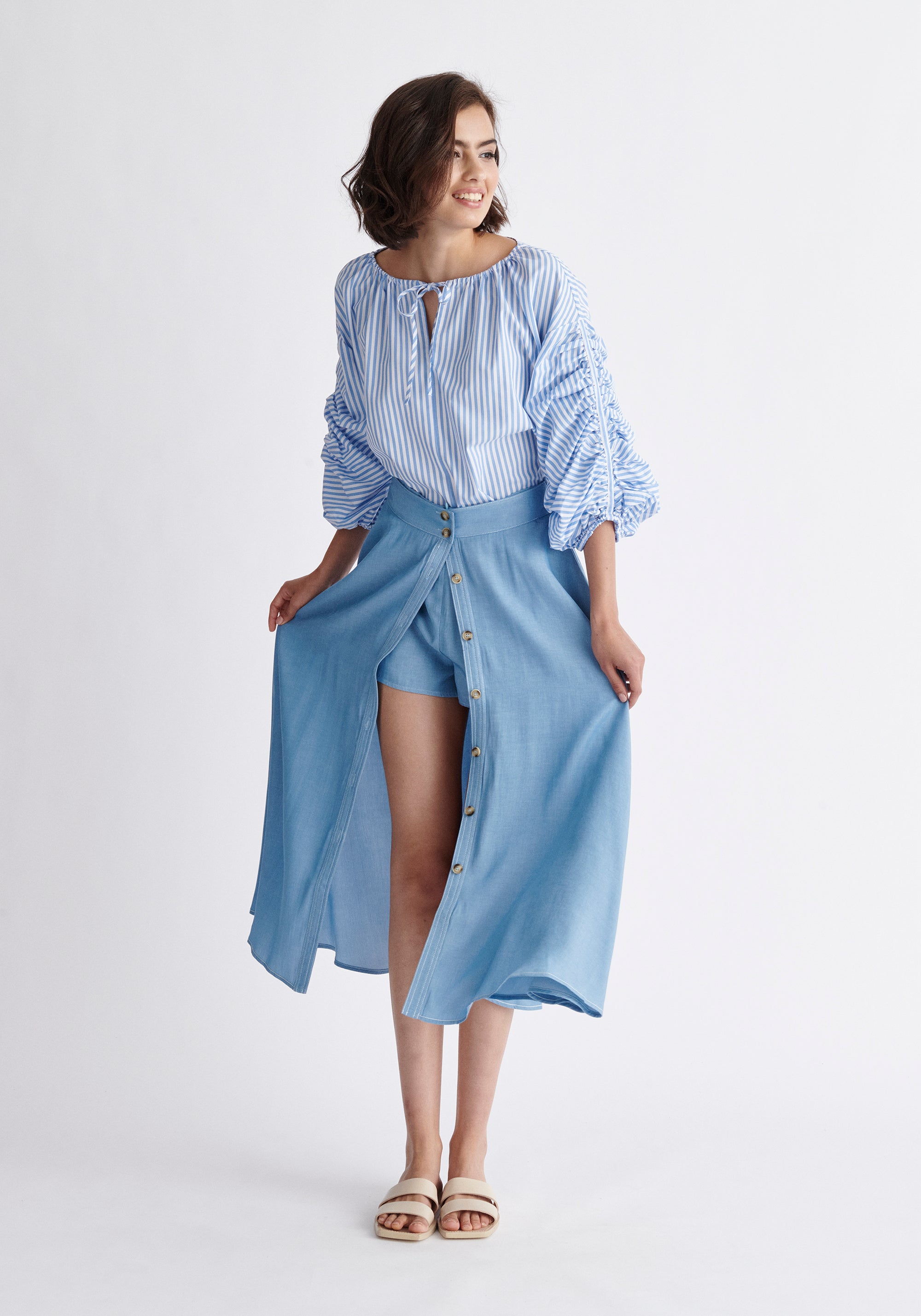 Paisie Striped Ruched Sleeve Top in Light Blue and White