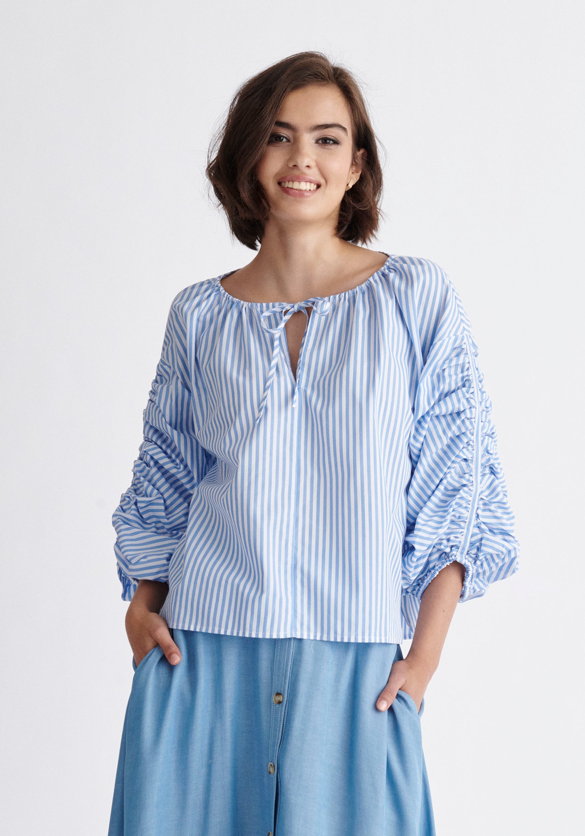 Paisie Striped Ruched Sleeve Top in Light Blue and White