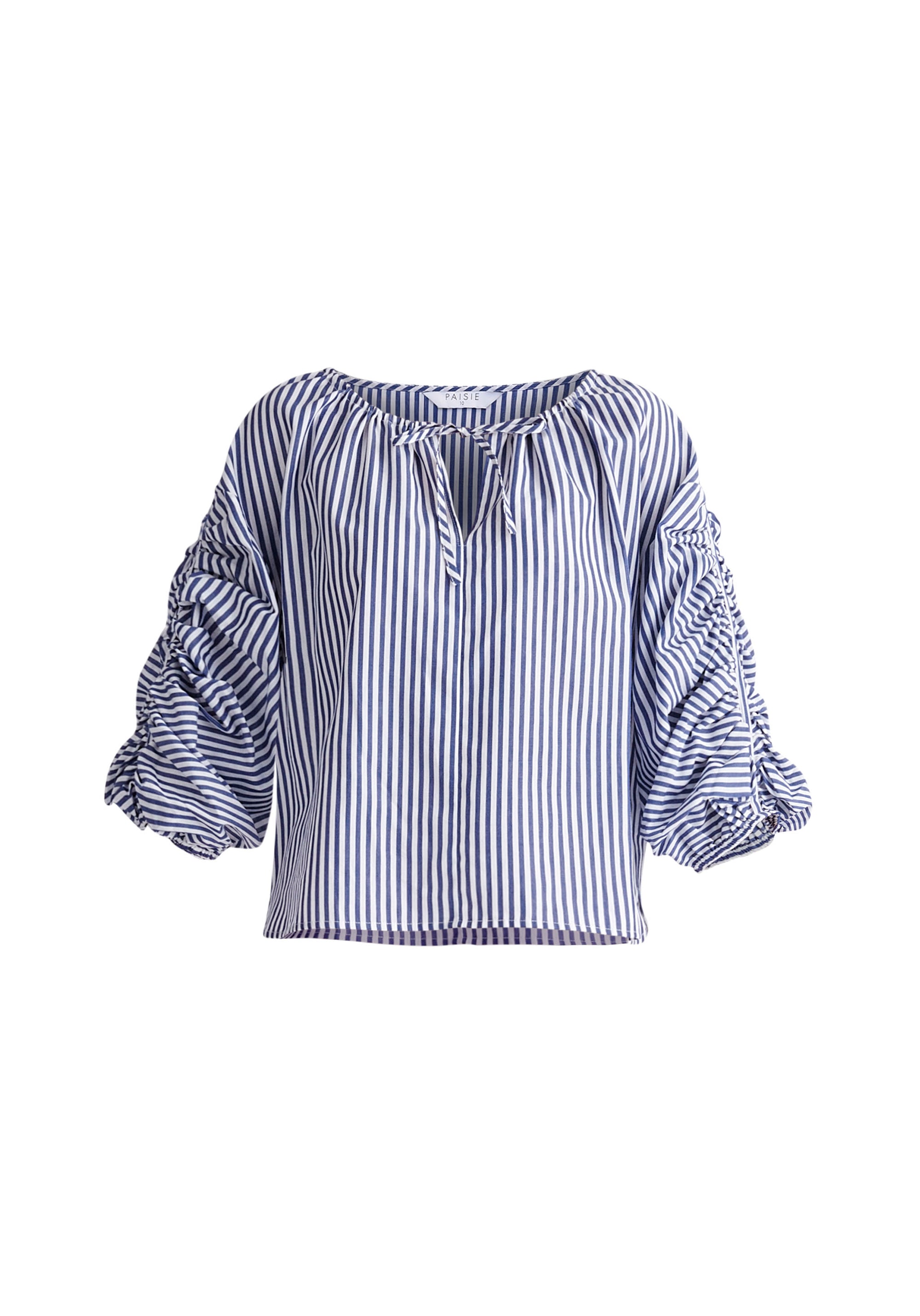Paisie Striped Ruched Sleeve Top in Dark Blue and White Cut Out