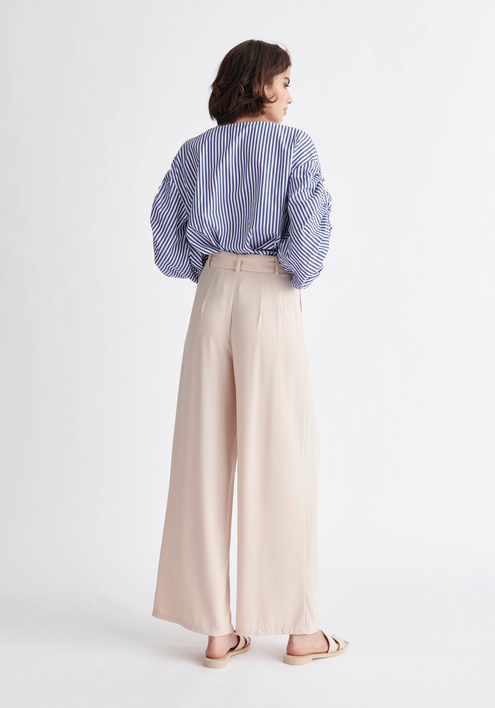 Paisie Striped Ruched Sleeve Top in Dark Blue and White Back