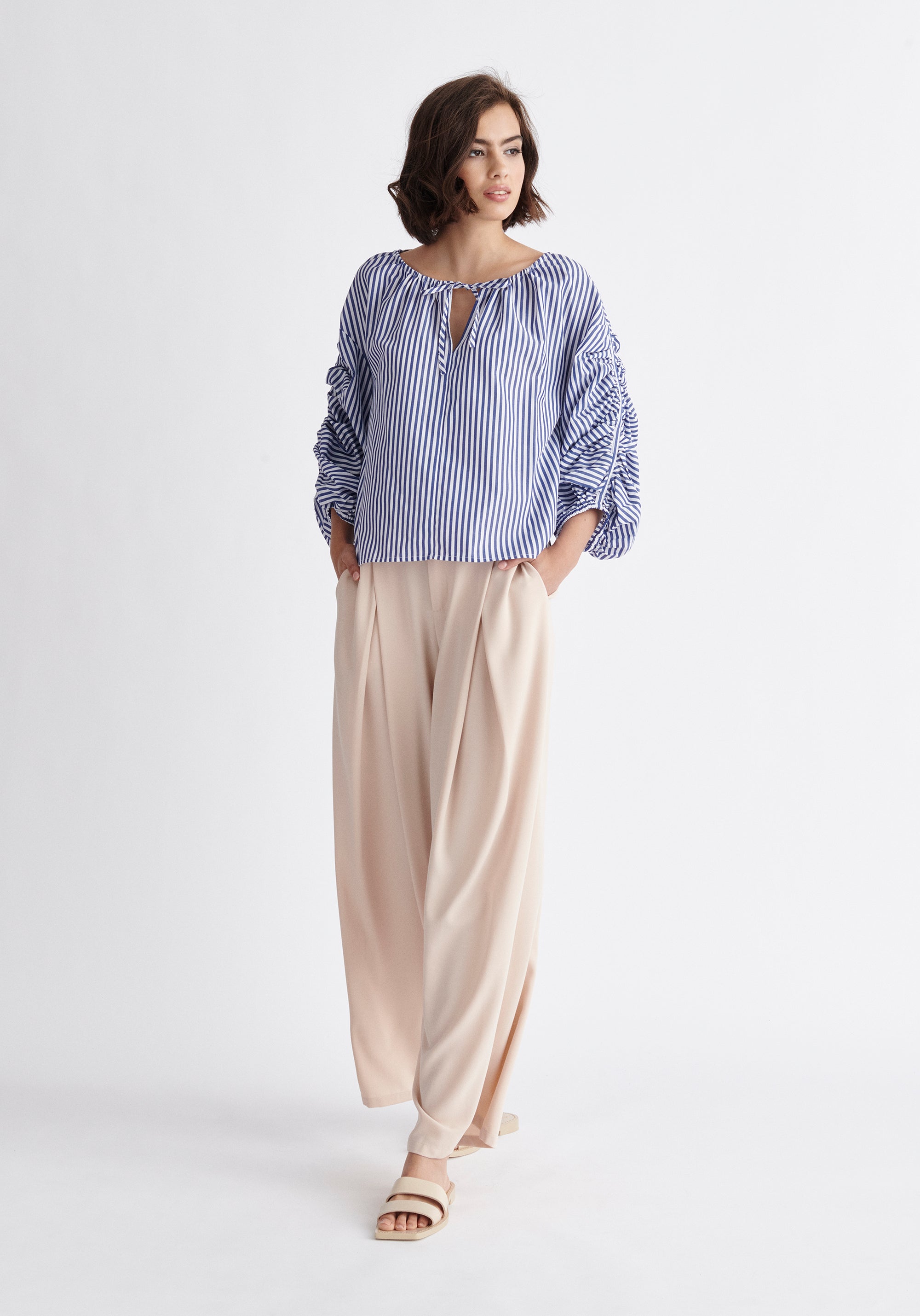 Paisie Striped Ruched Sleeve Top in Dark Blue and White