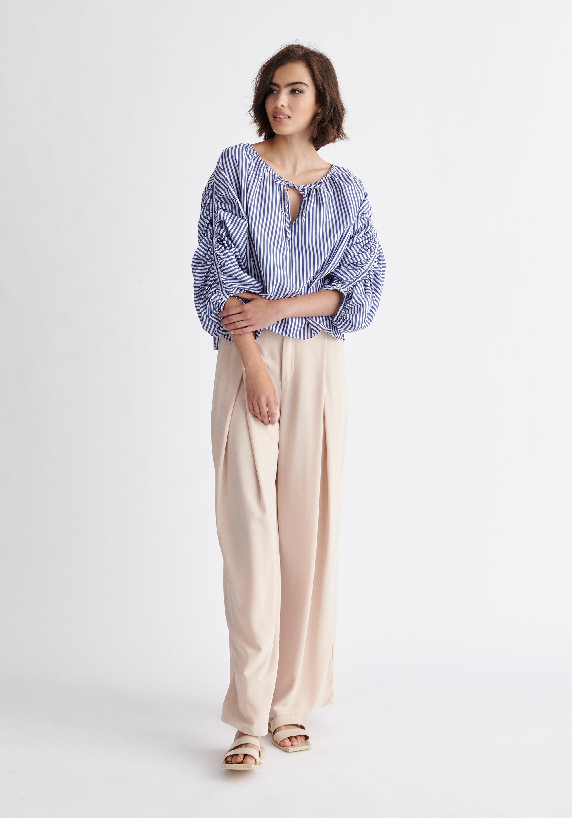 Paisie Striped Ruched Sleeve Top in Dark Blue and White