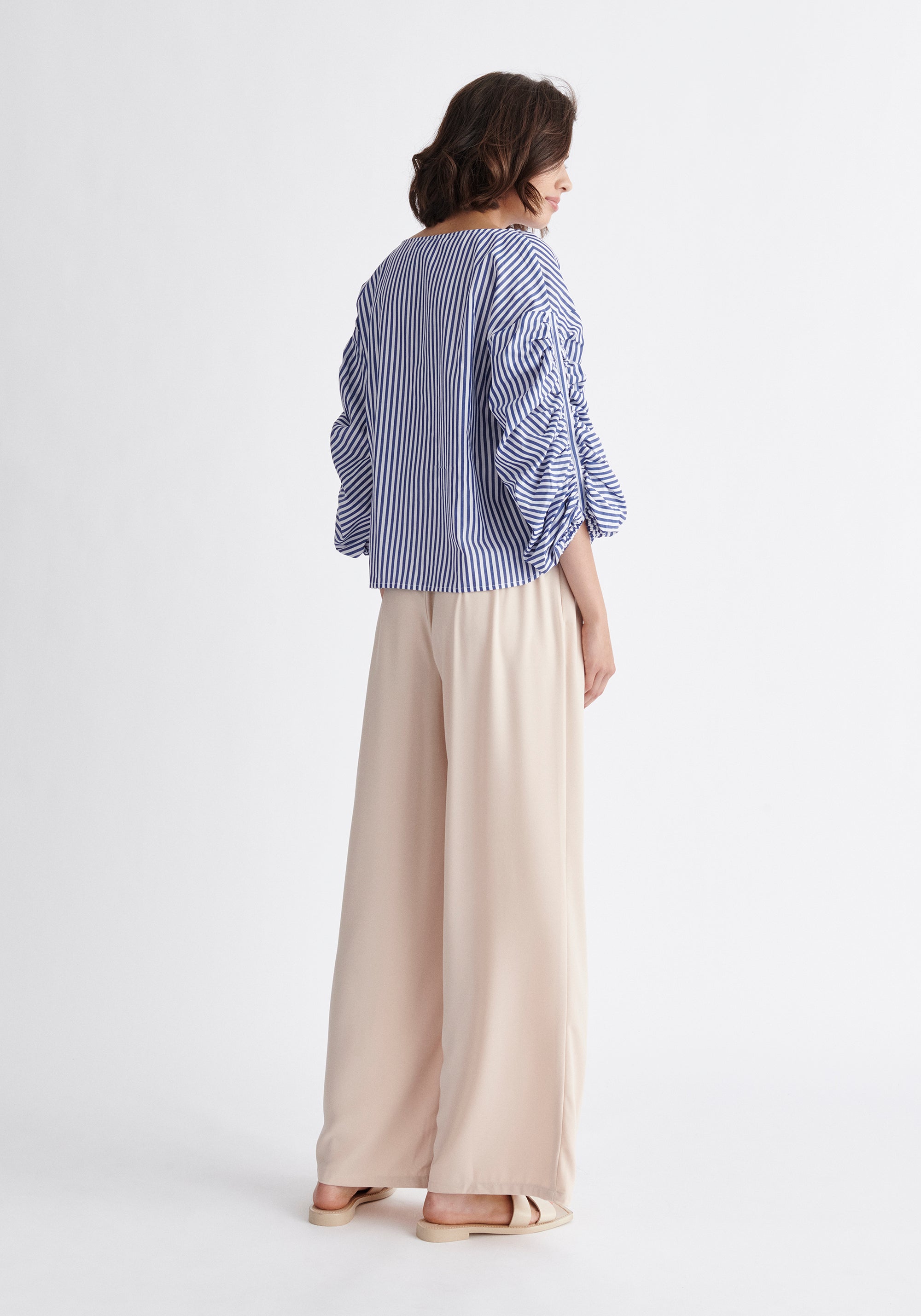 Paisie Striped Ruched Sleeve Top in Dark Blue and White Back