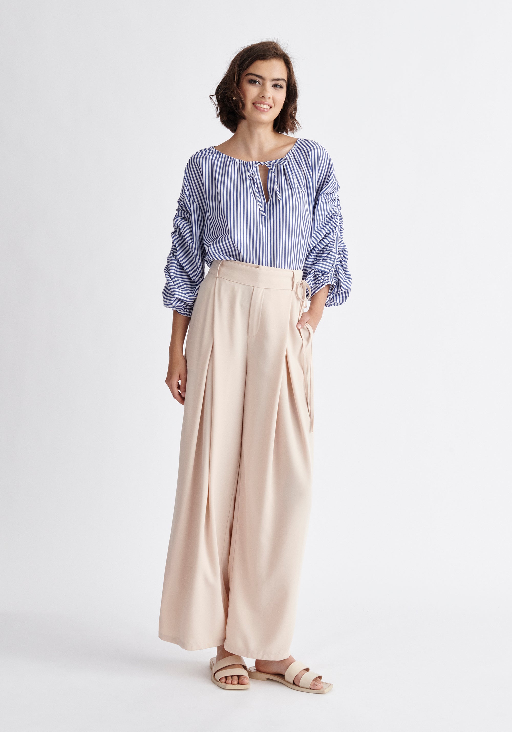 Paisie Striped Ruched Sleeve Top in Dark Blue and White