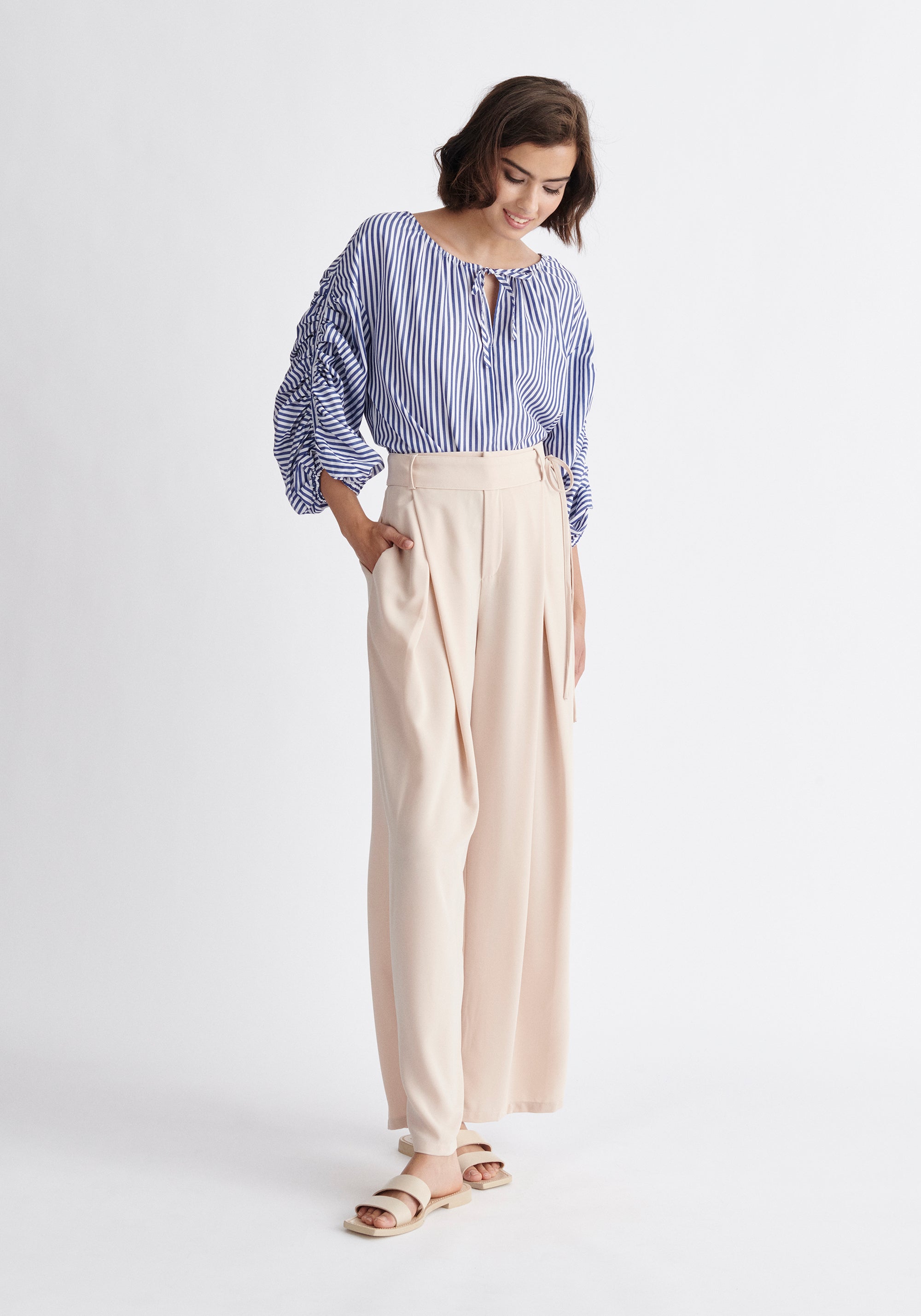 Paisie Striped Ruched Sleeve Top in Dark Blue and White