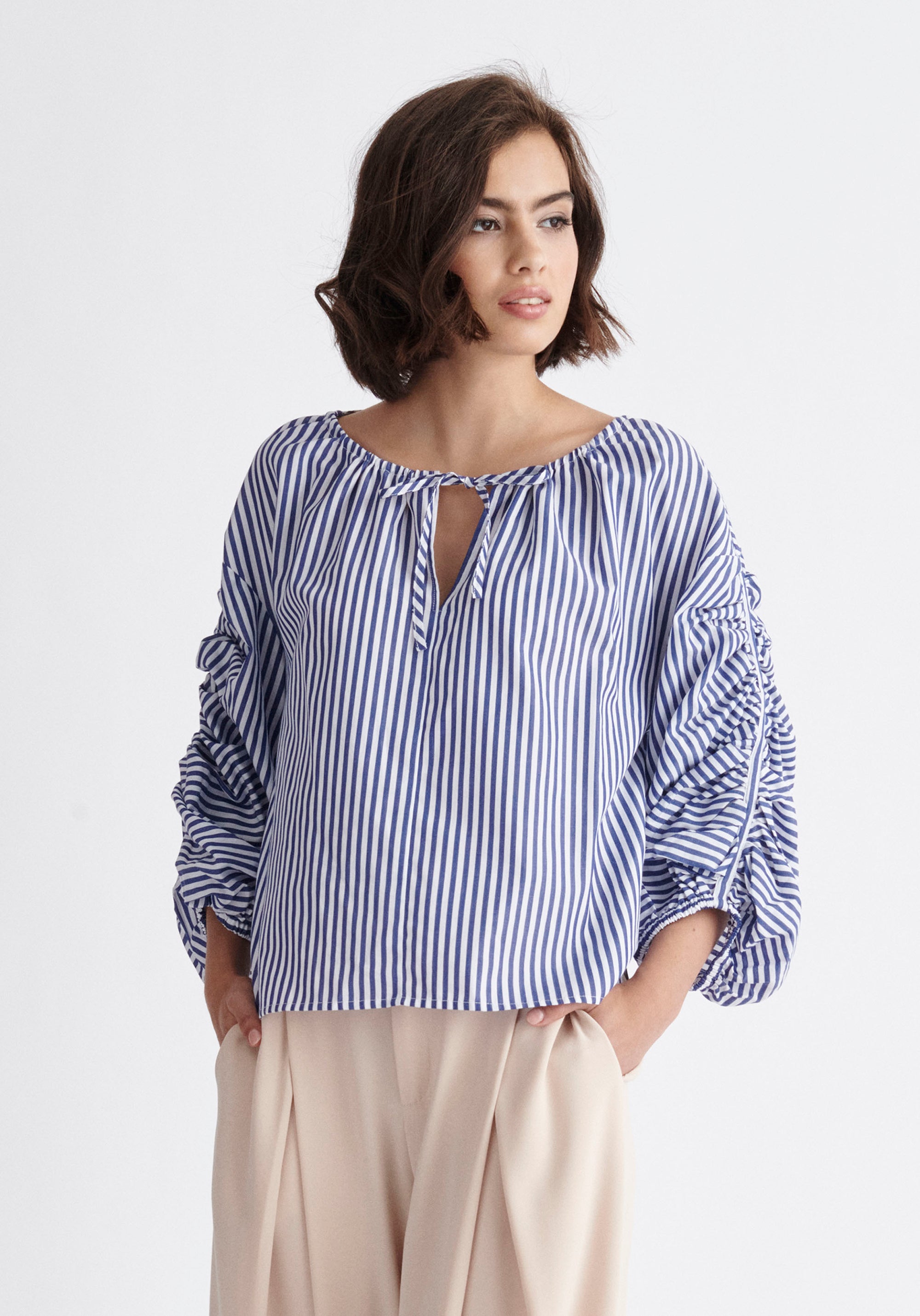 Paisie Striped Ruched Sleeve Top in Dark Blue and White