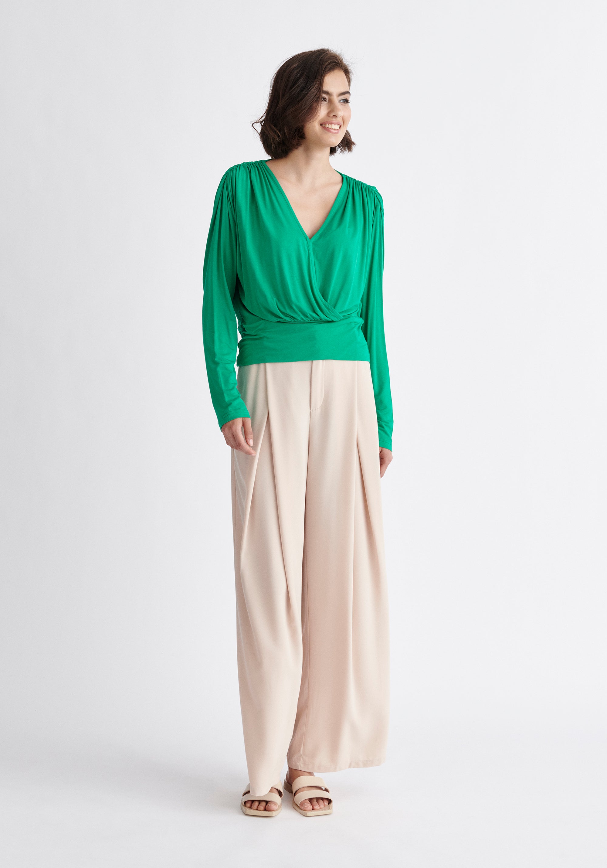 Paisie Draped Wrap Jersey Top in Green