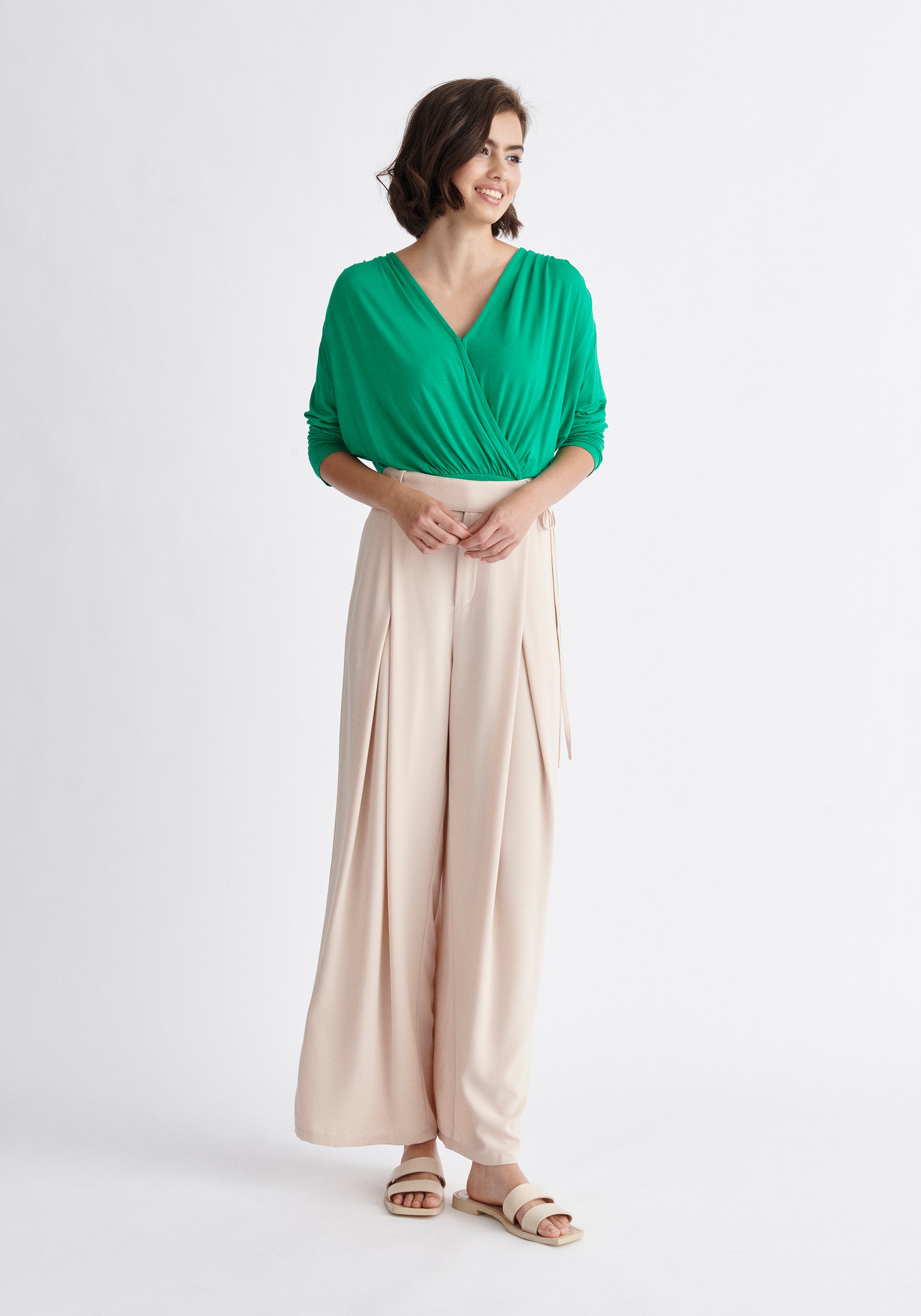Paisie Draped Wrap Jersey Top in Green