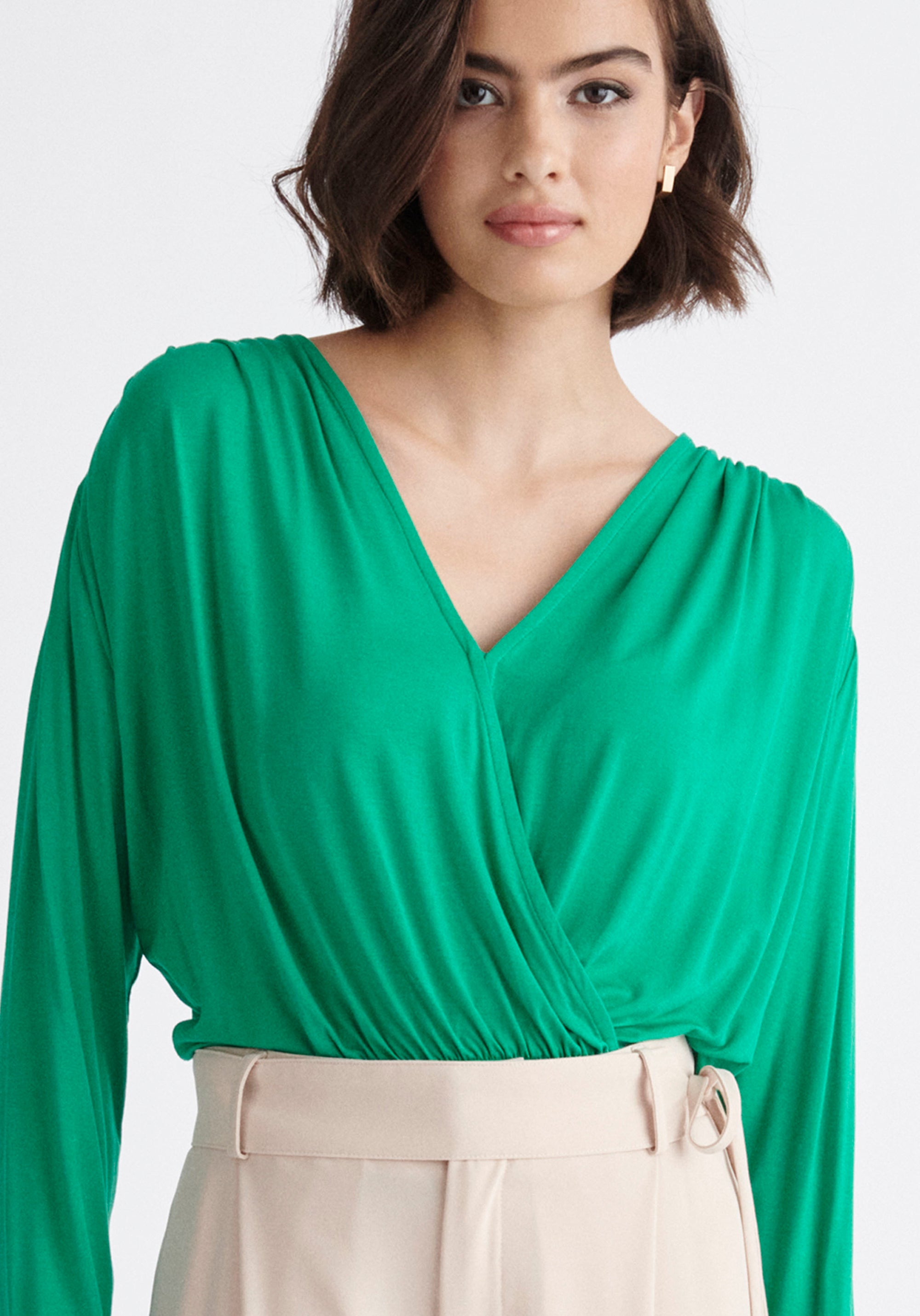 Paisie Draped Wrap Jersey Top in Green Close Up