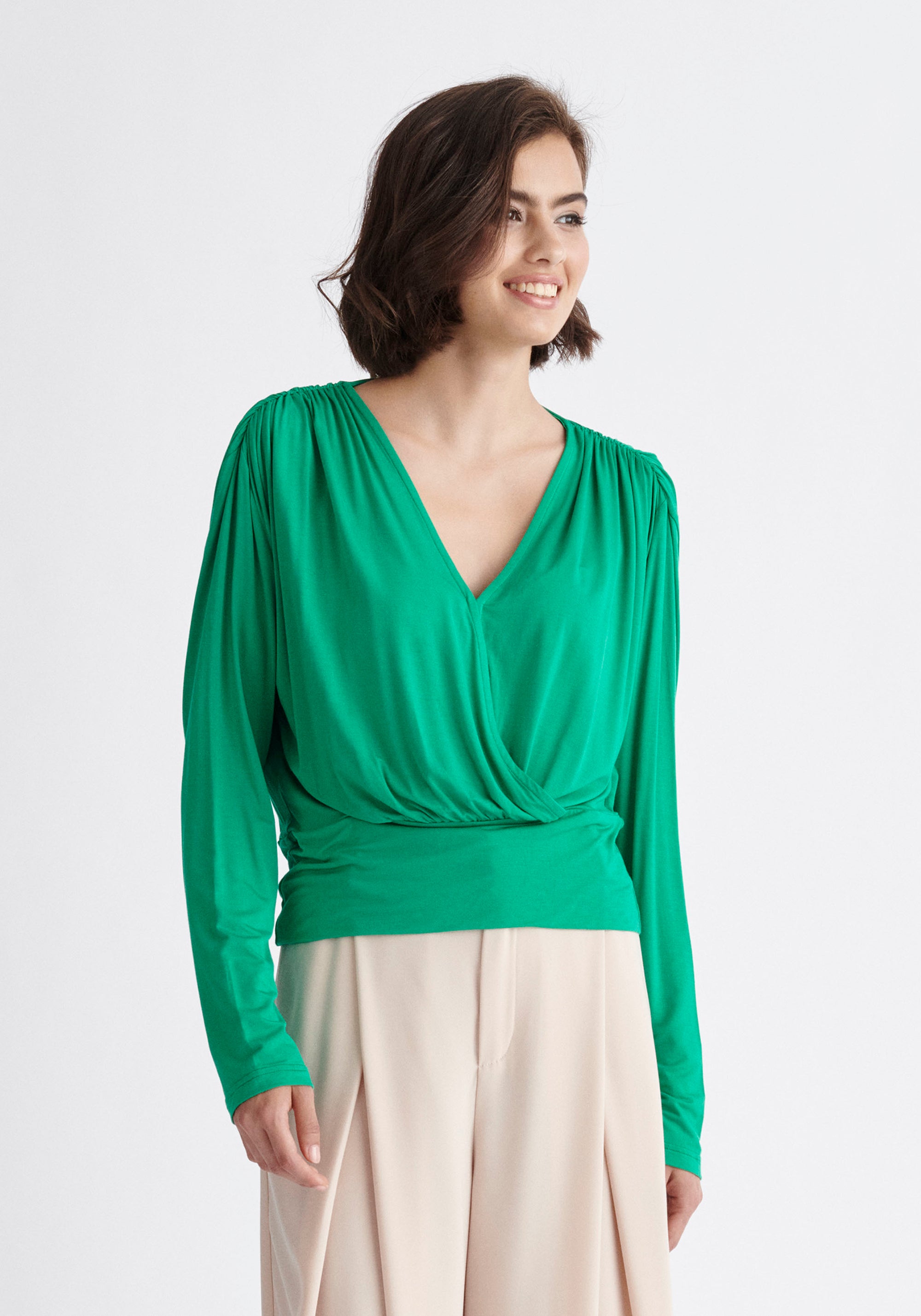Paisie Draped Wrap Jersey Top in Green