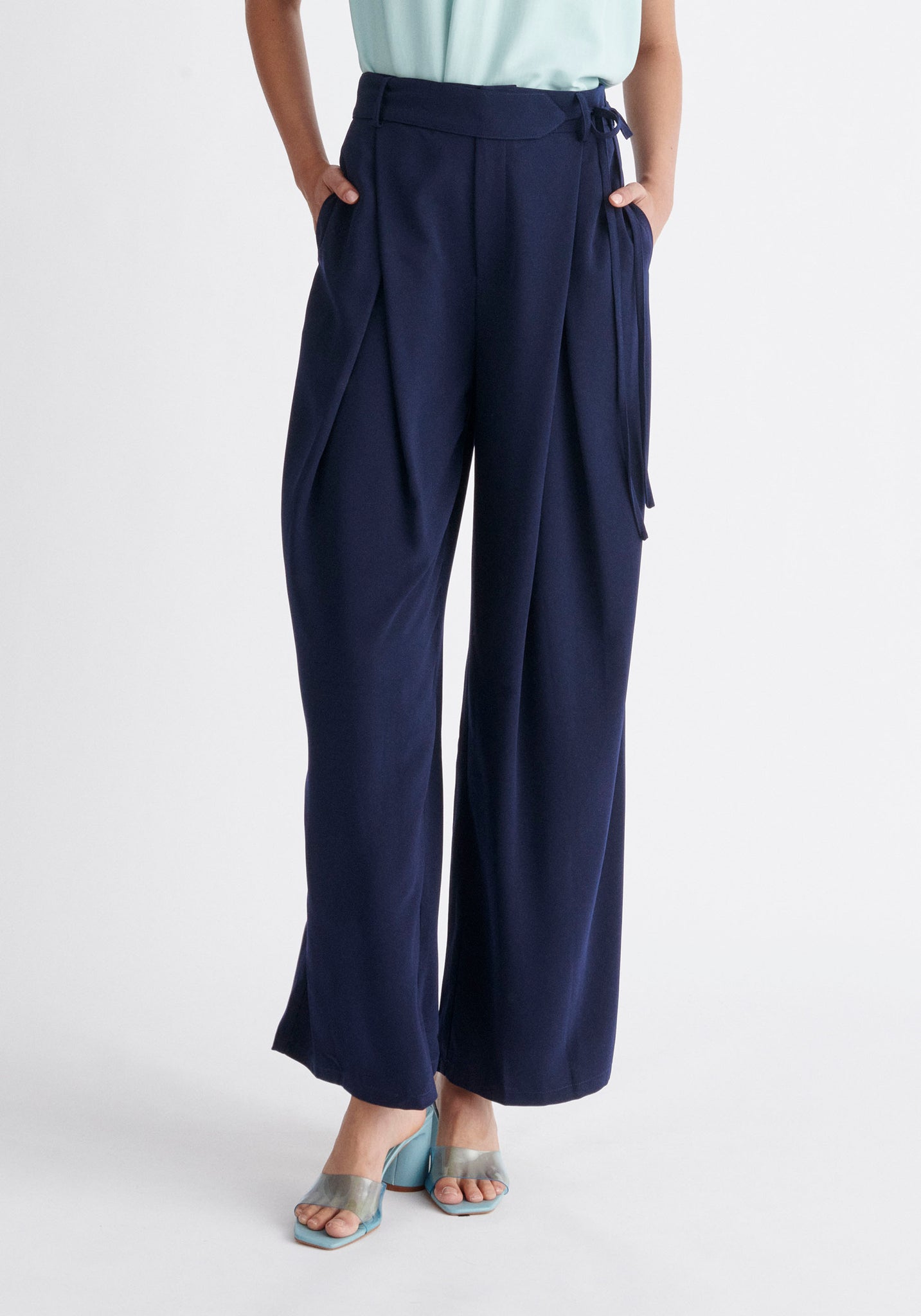 Pleated High Waist Trousers in Navy | Trousers | Paisie