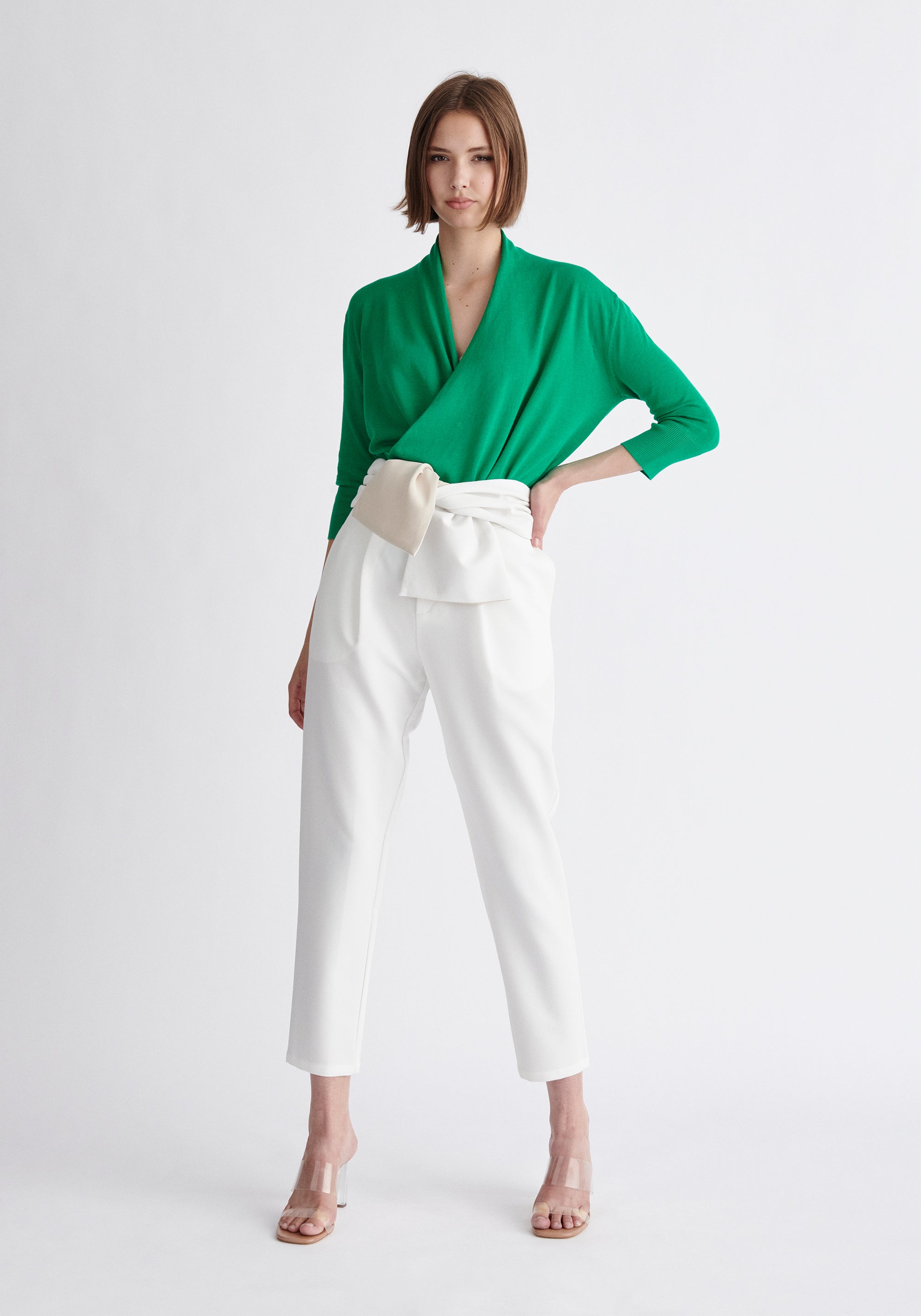Paisie Waist Tie Peg Leg Trousers in White
