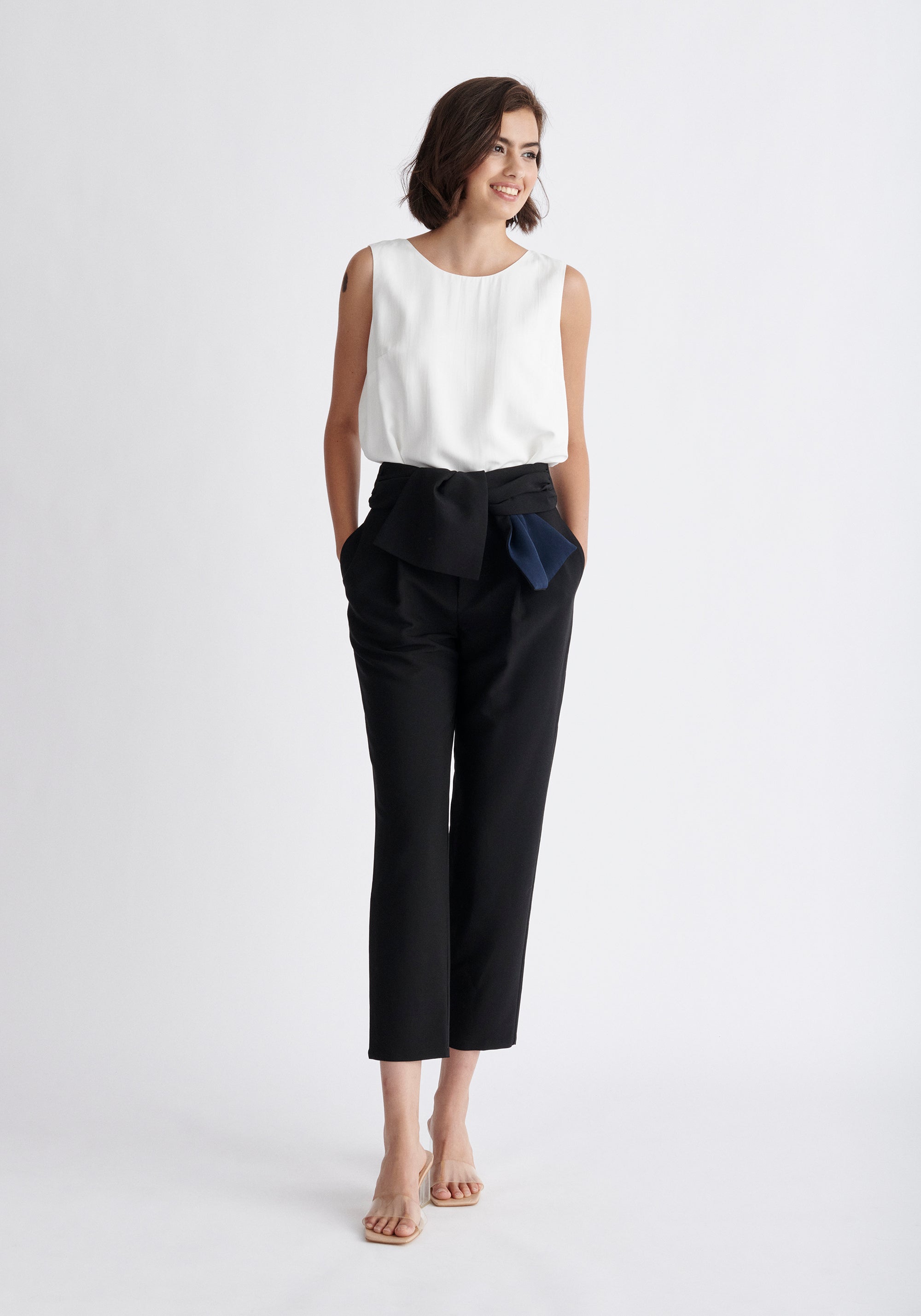 Paisie Waist Tie Peg Leg Trousers in Navy