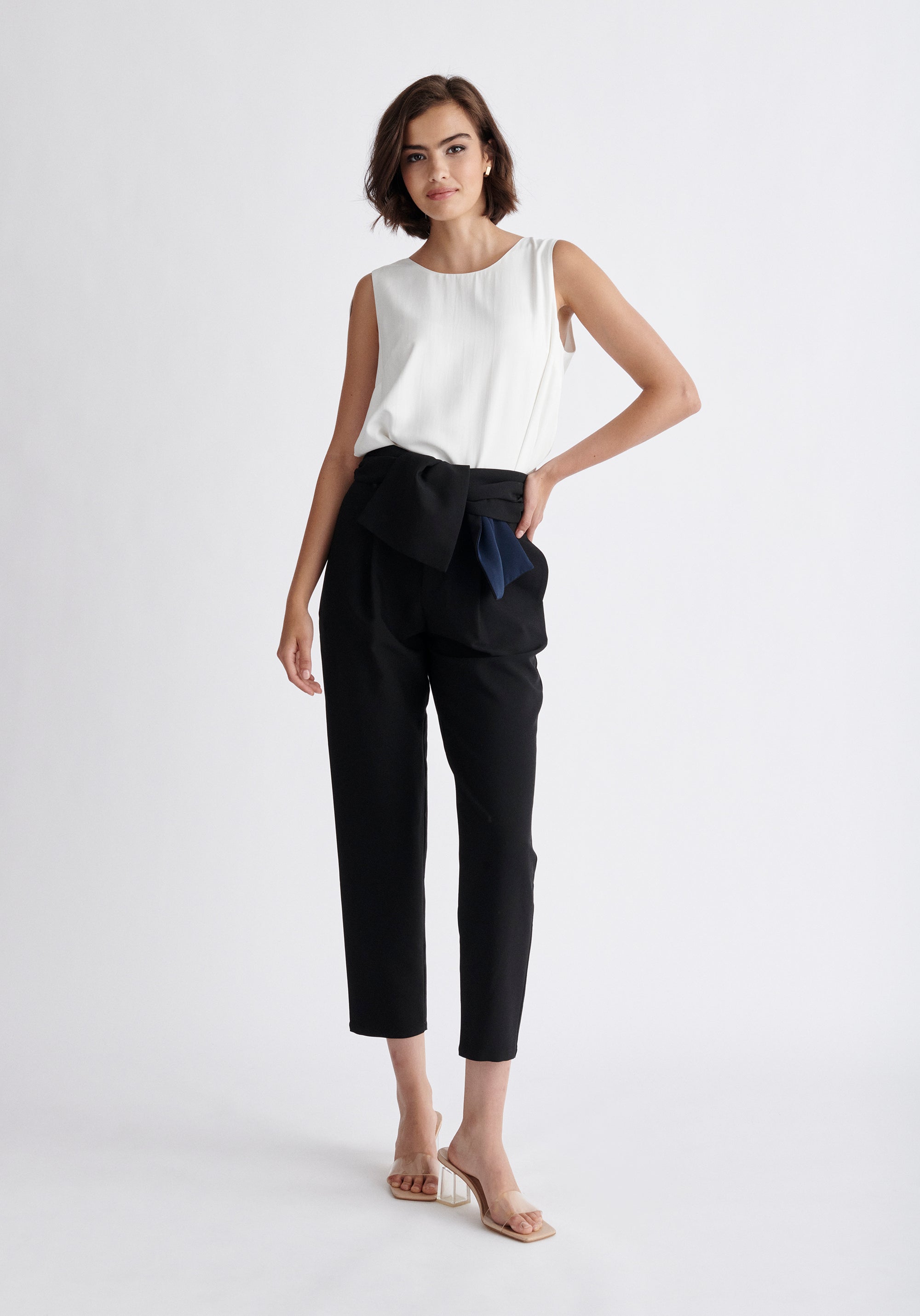 Paisie Waist Tie Peg Leg Trousers in Navy