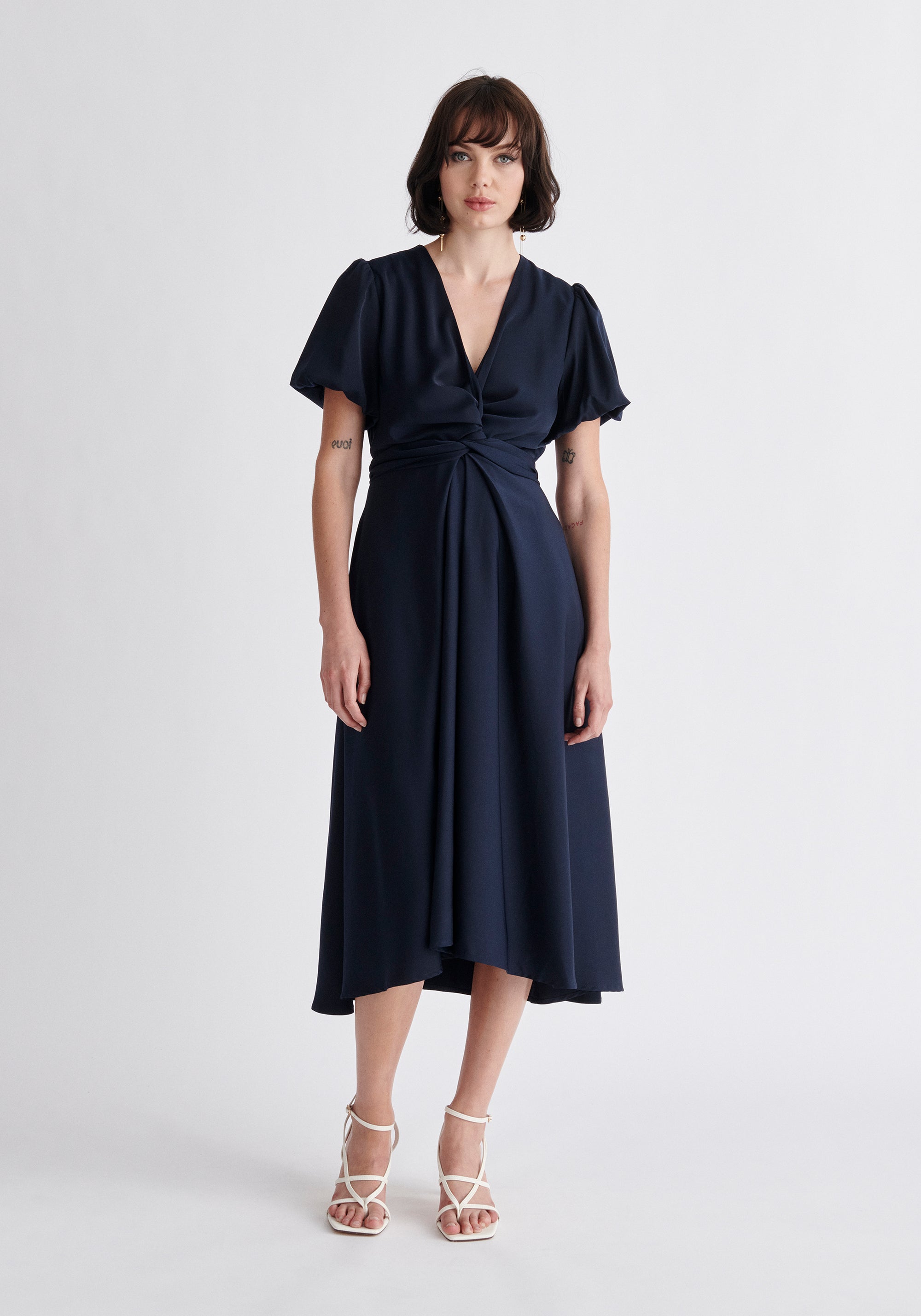 Paisie Midi Twist Dress in Navy