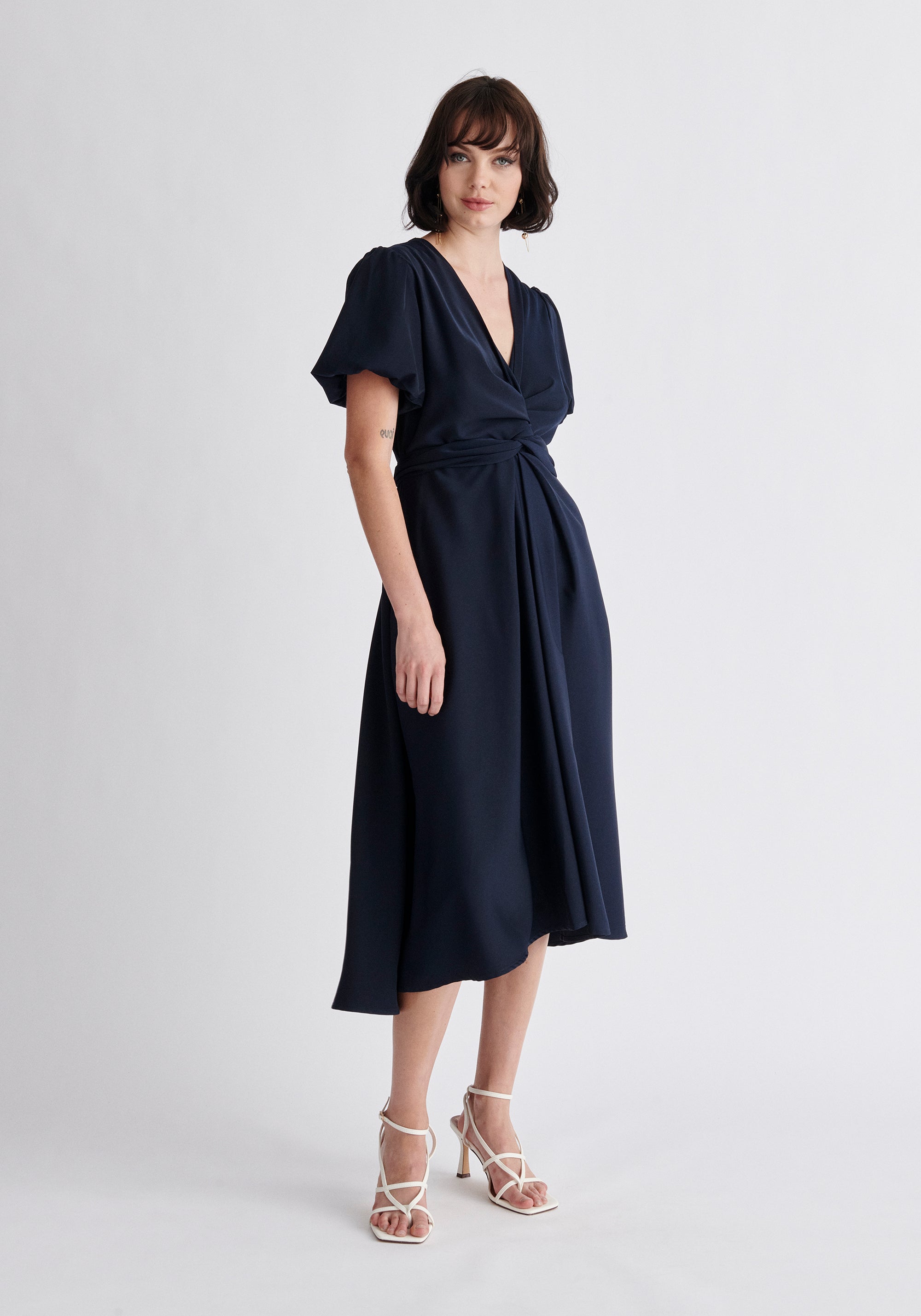 Paisie Midi Twist Dress in Navy