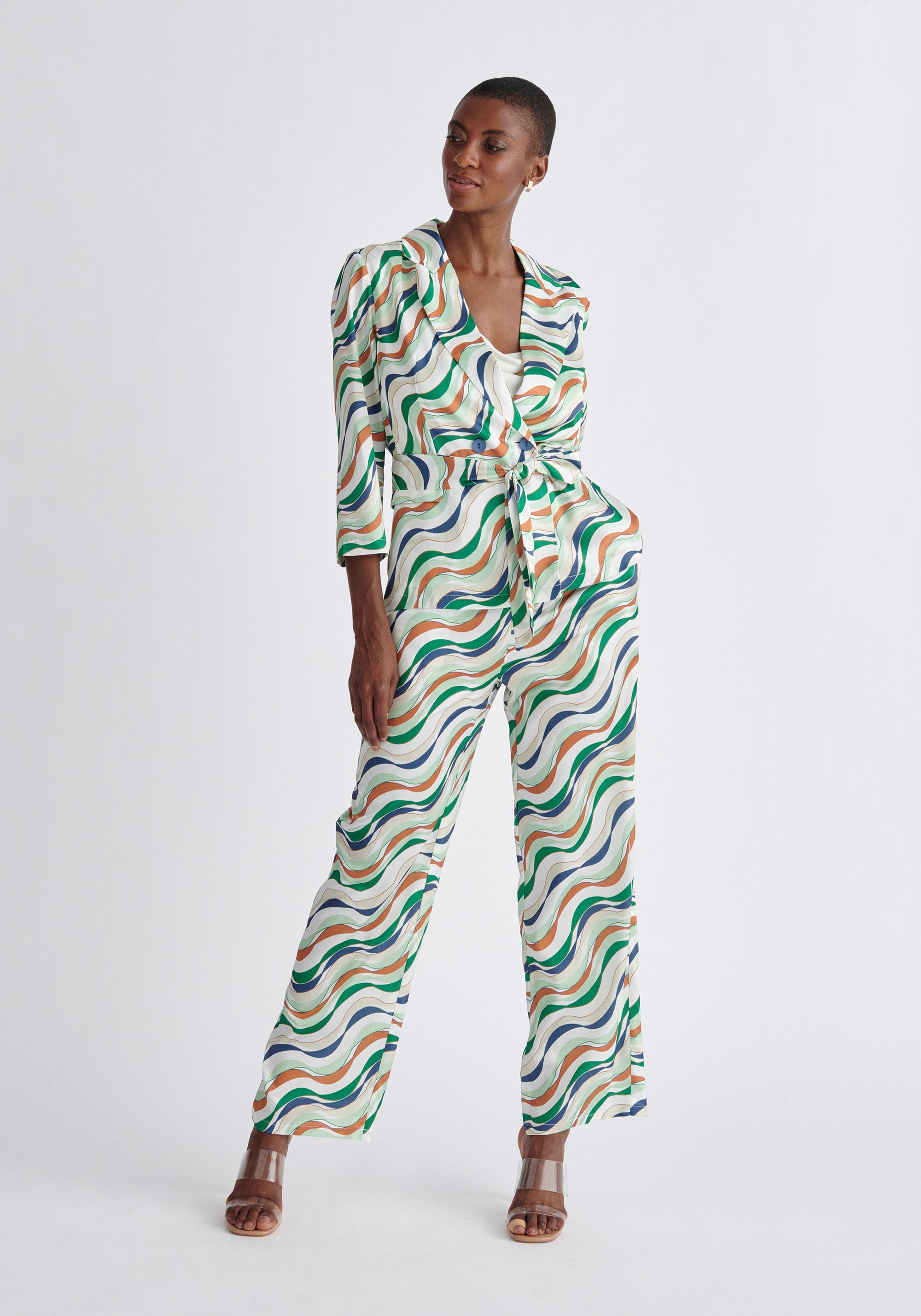 Paisie Belted Wave Print Blazer in Green