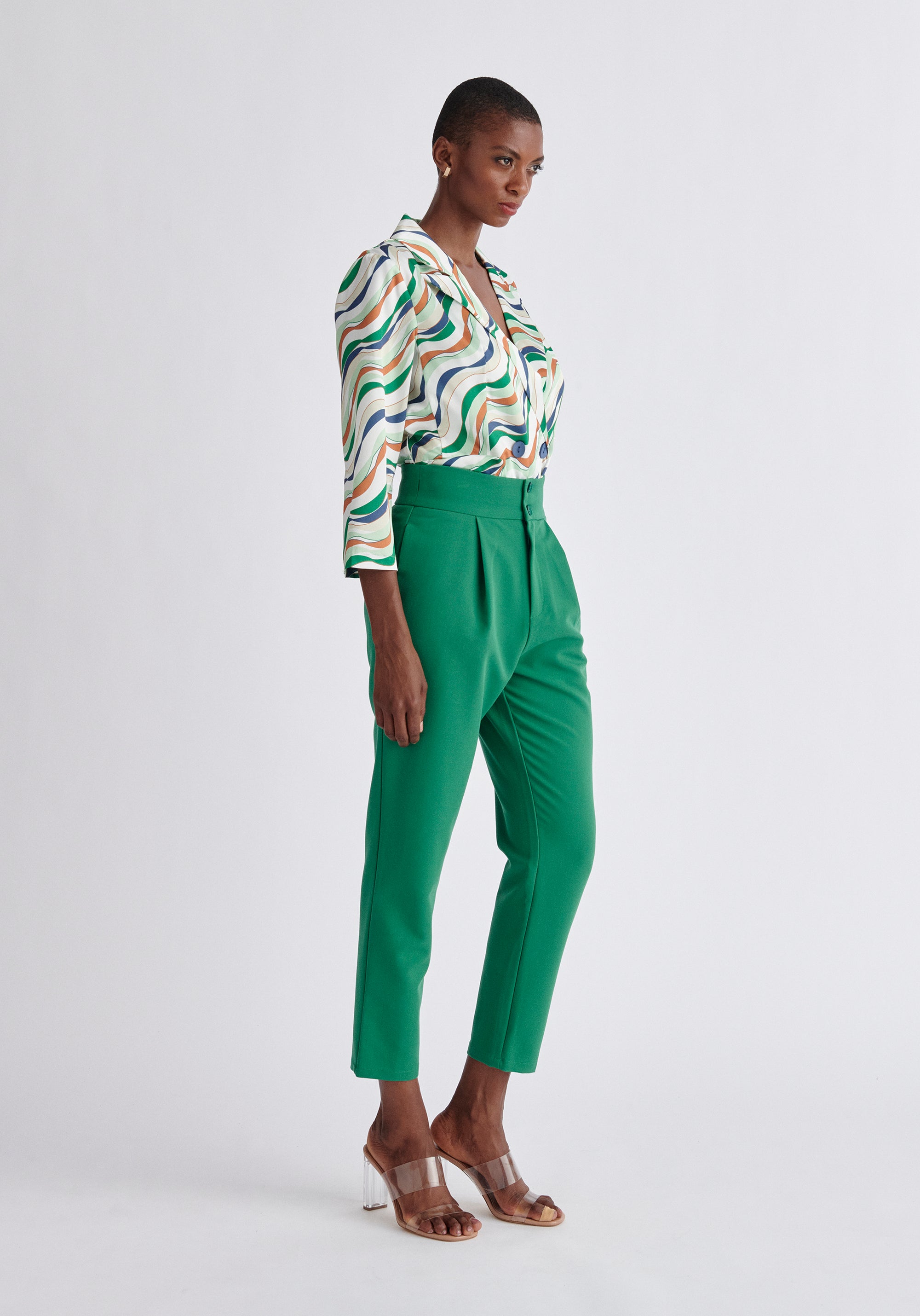 Paisie Belted Wave Print Blazer in Green Side