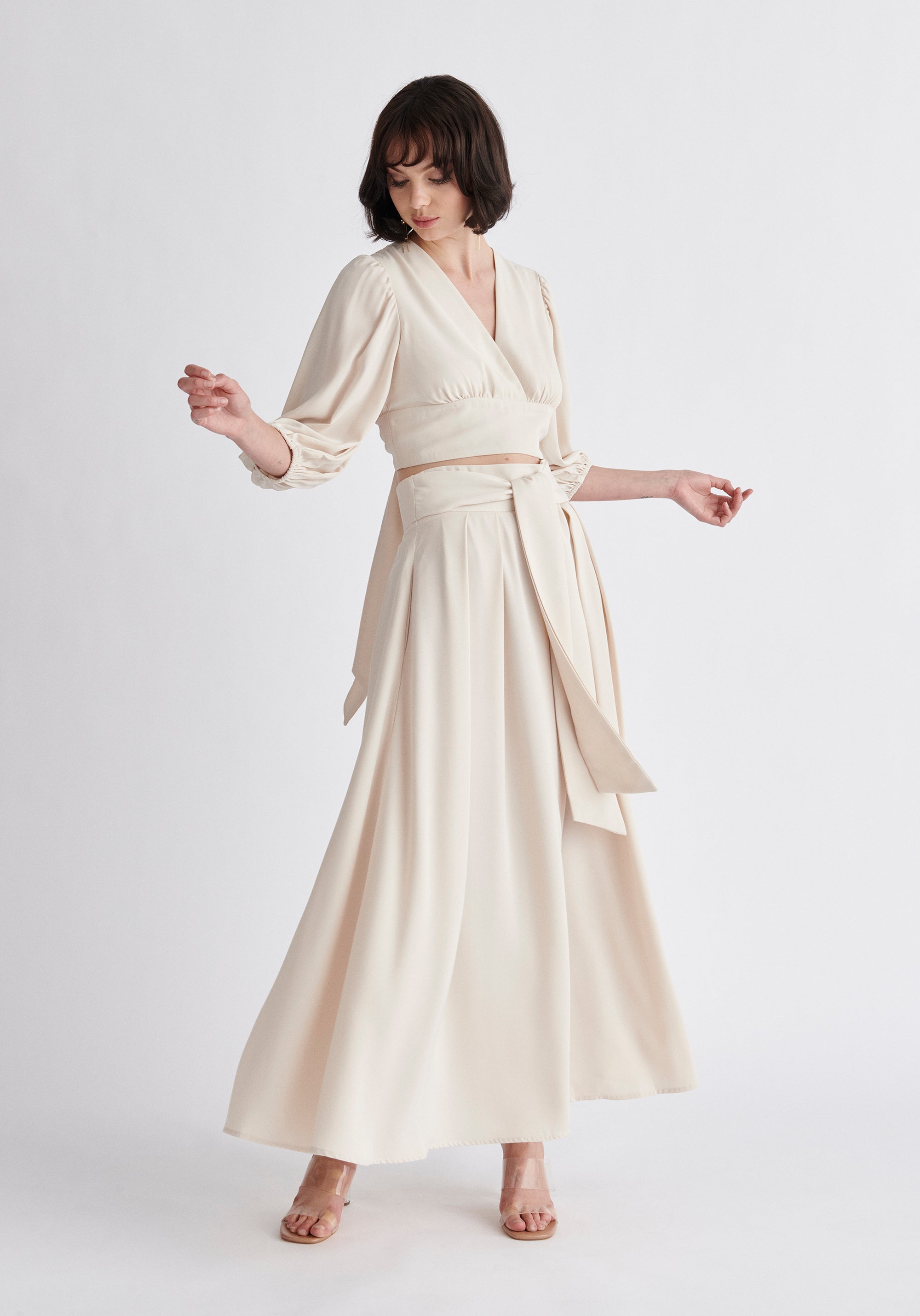 Paisie Wrap Crop Top in Beige