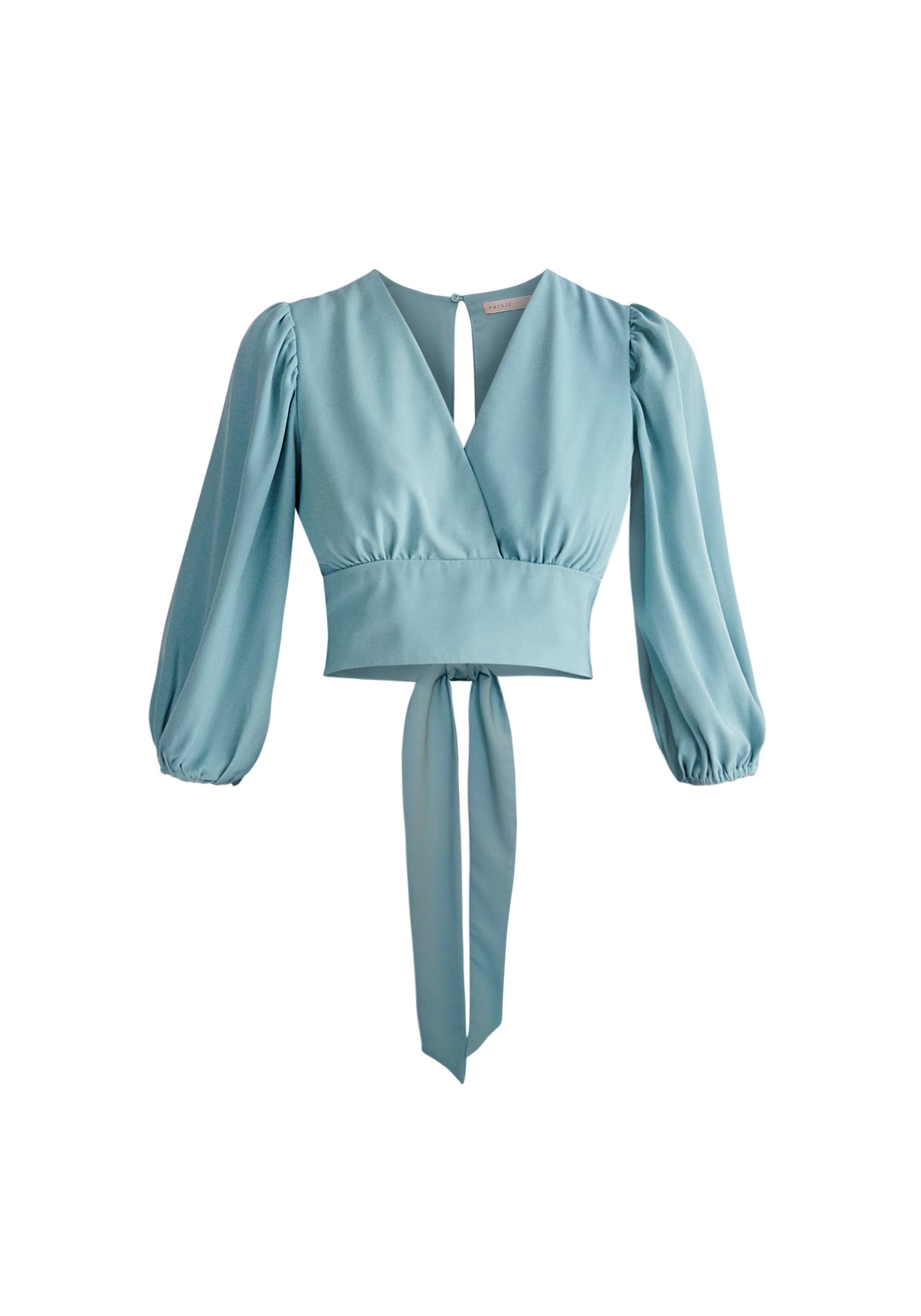 Paisie Wrap Crop Top in Light Blue Cut Out