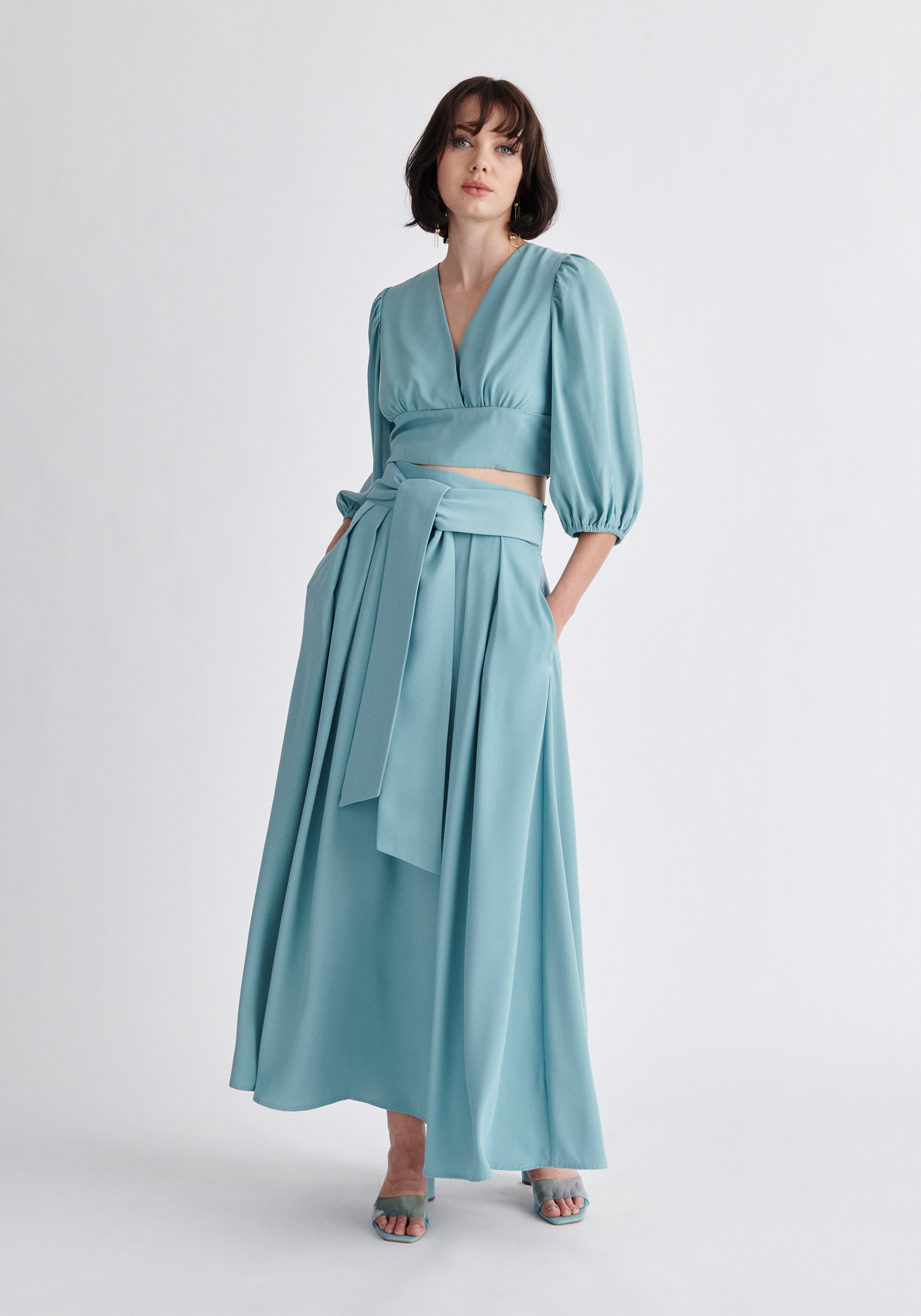 Paisie Wrap Crop Top in Light Blue