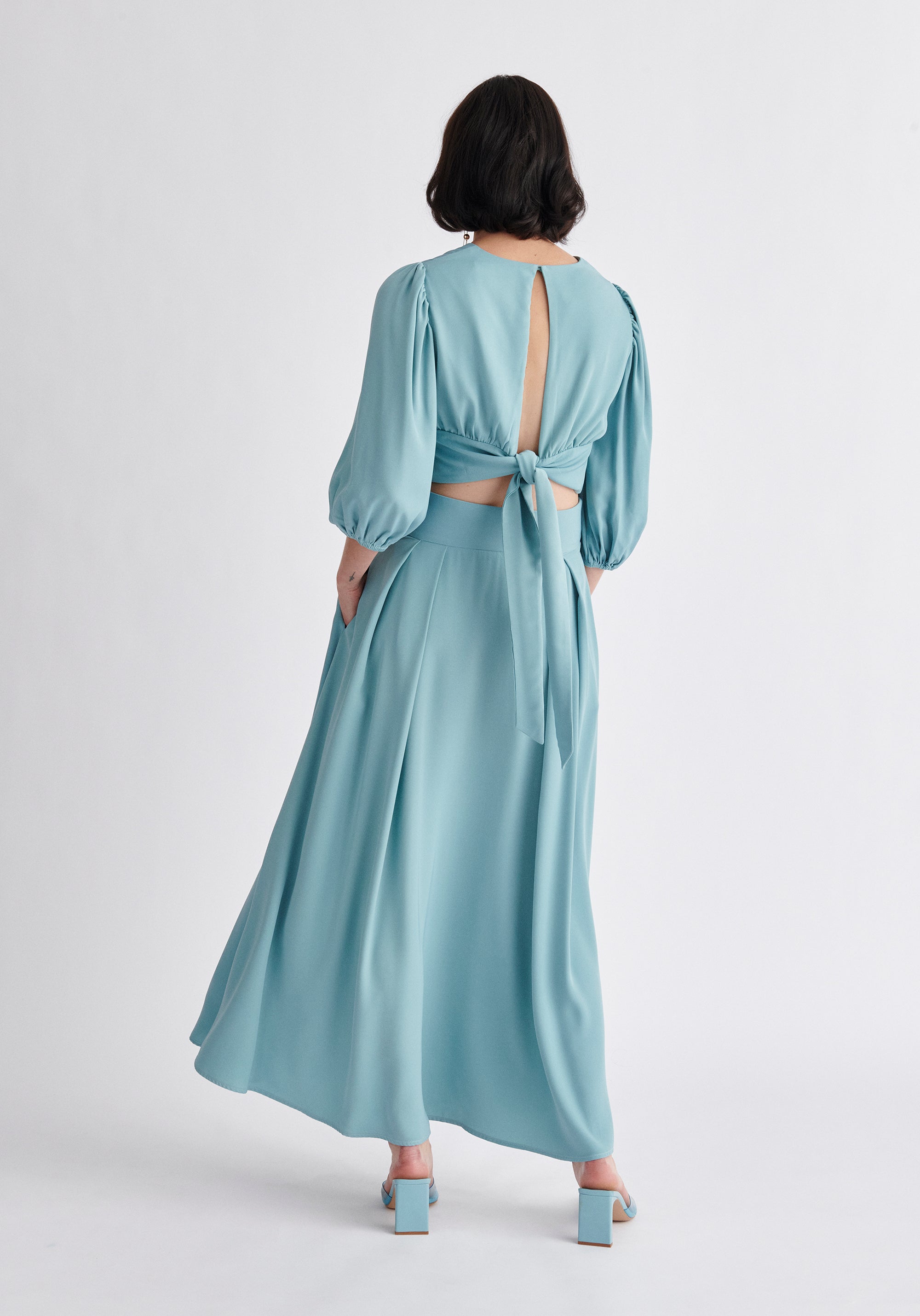 Paisie Wrap Crop Top in Light Blue Back