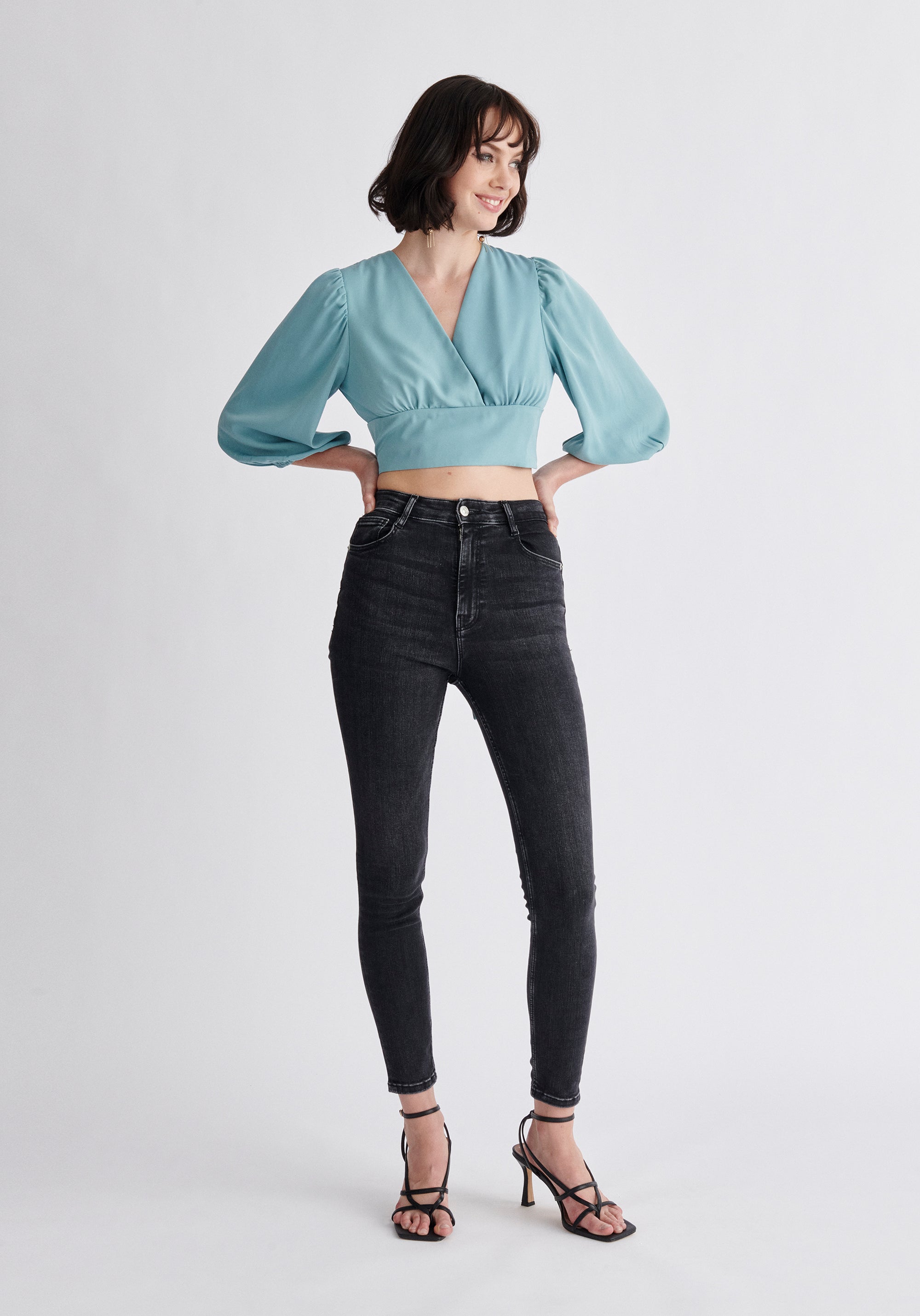 Paisie Wrap Crop Top in Light Blue