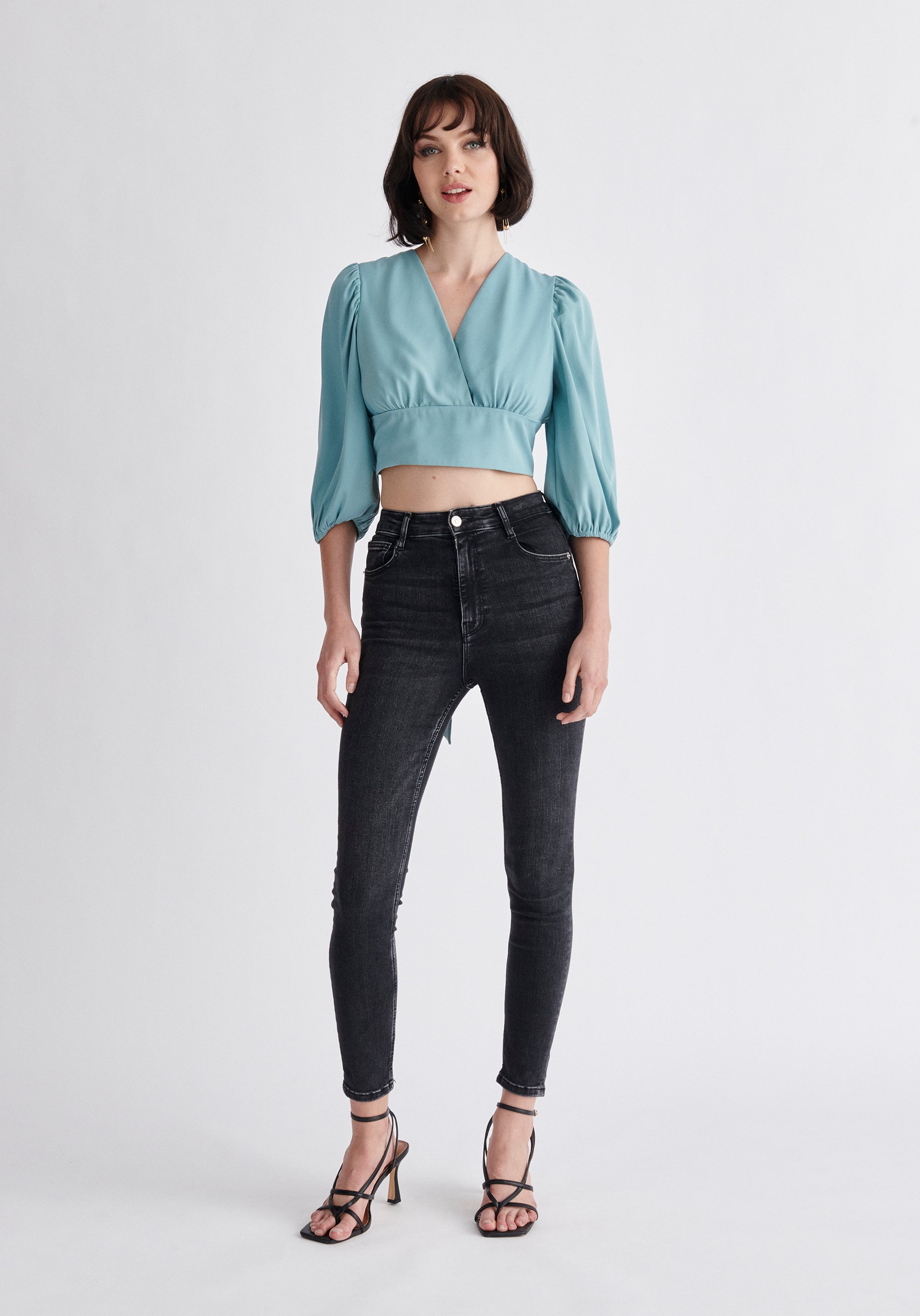 Paisie Wrap Crop Top in Light Blue