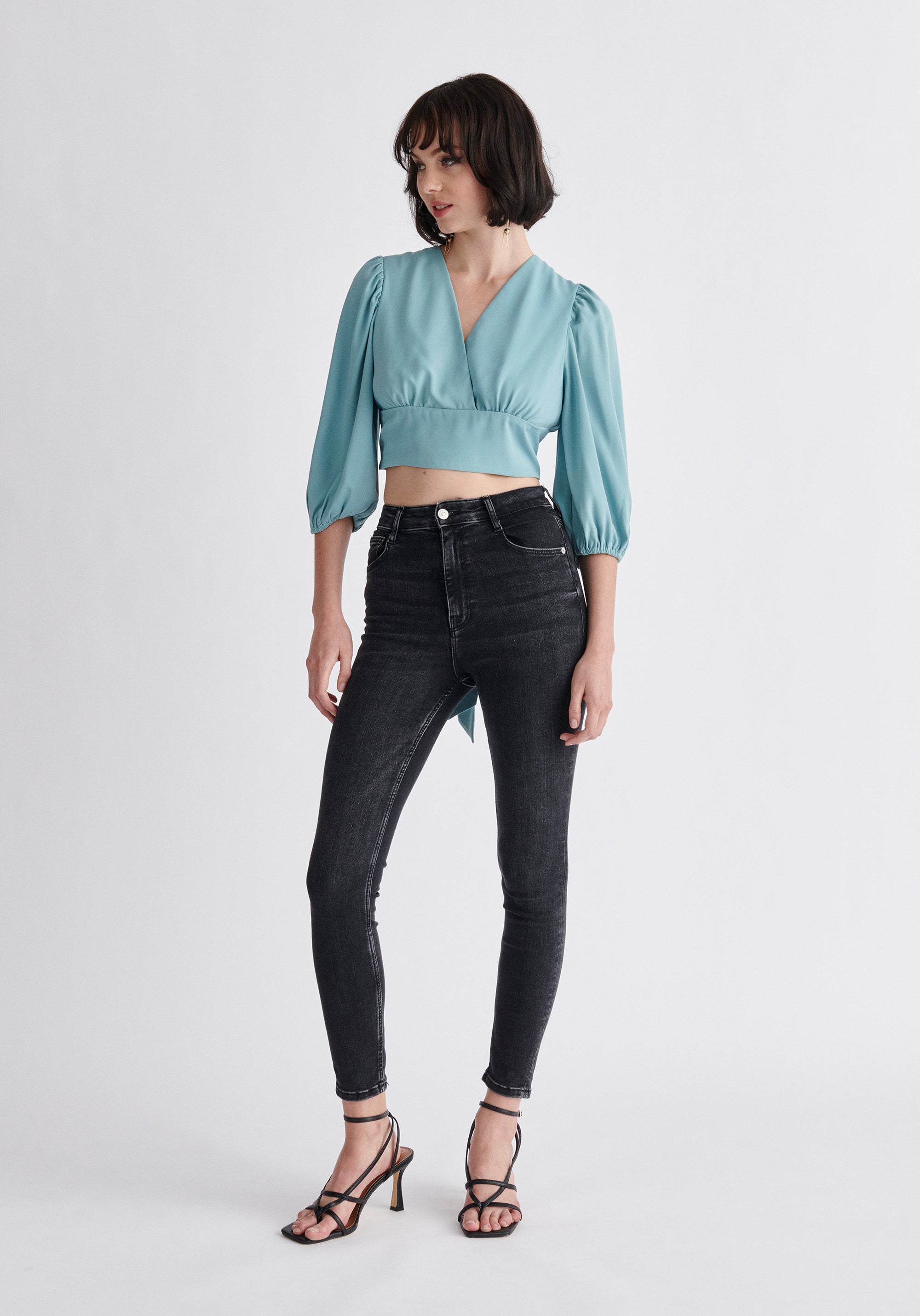 Paisie Wrap Crop Top in Light Blue