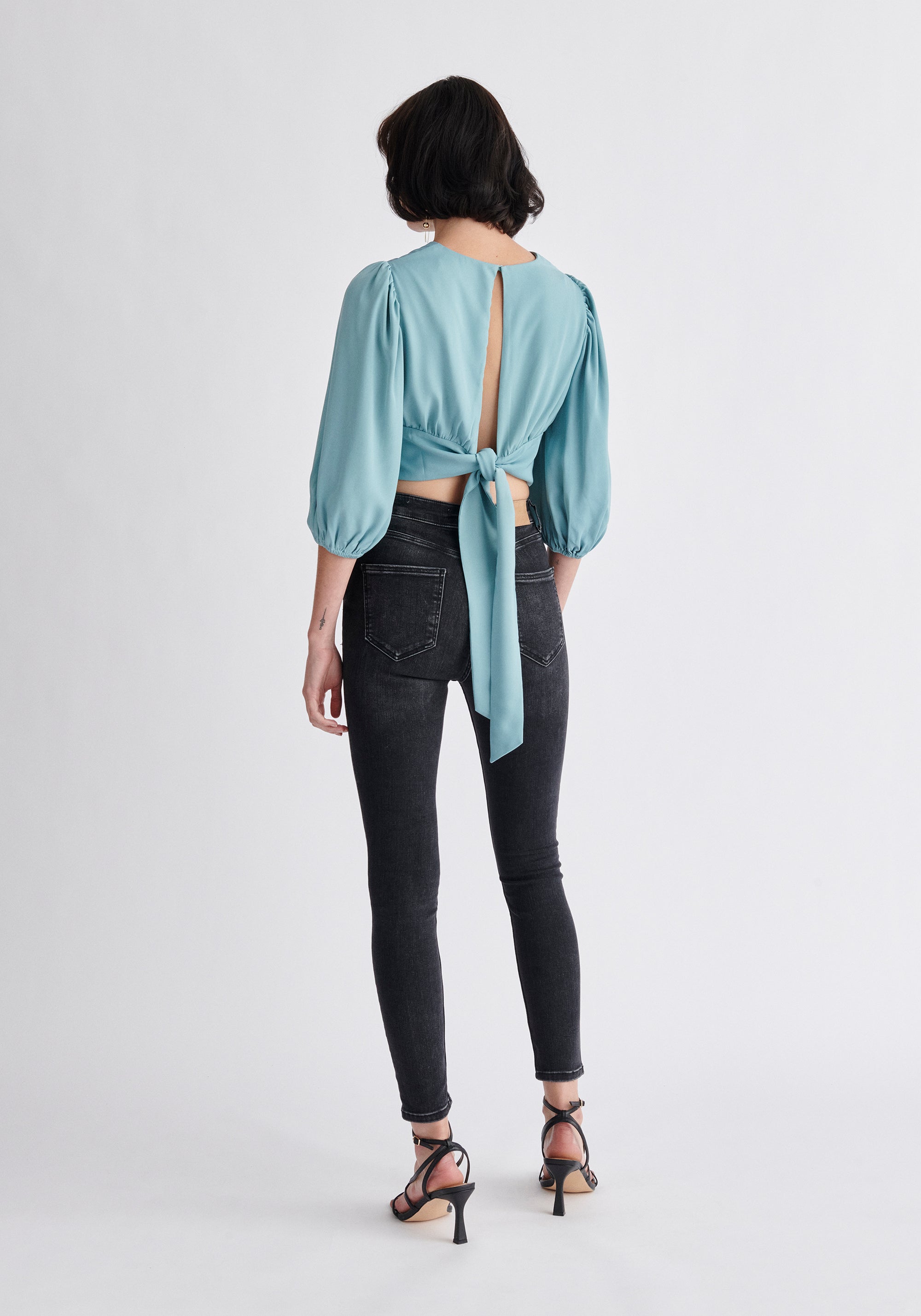 Paisie Wrap Crop Top in Light Blue Back