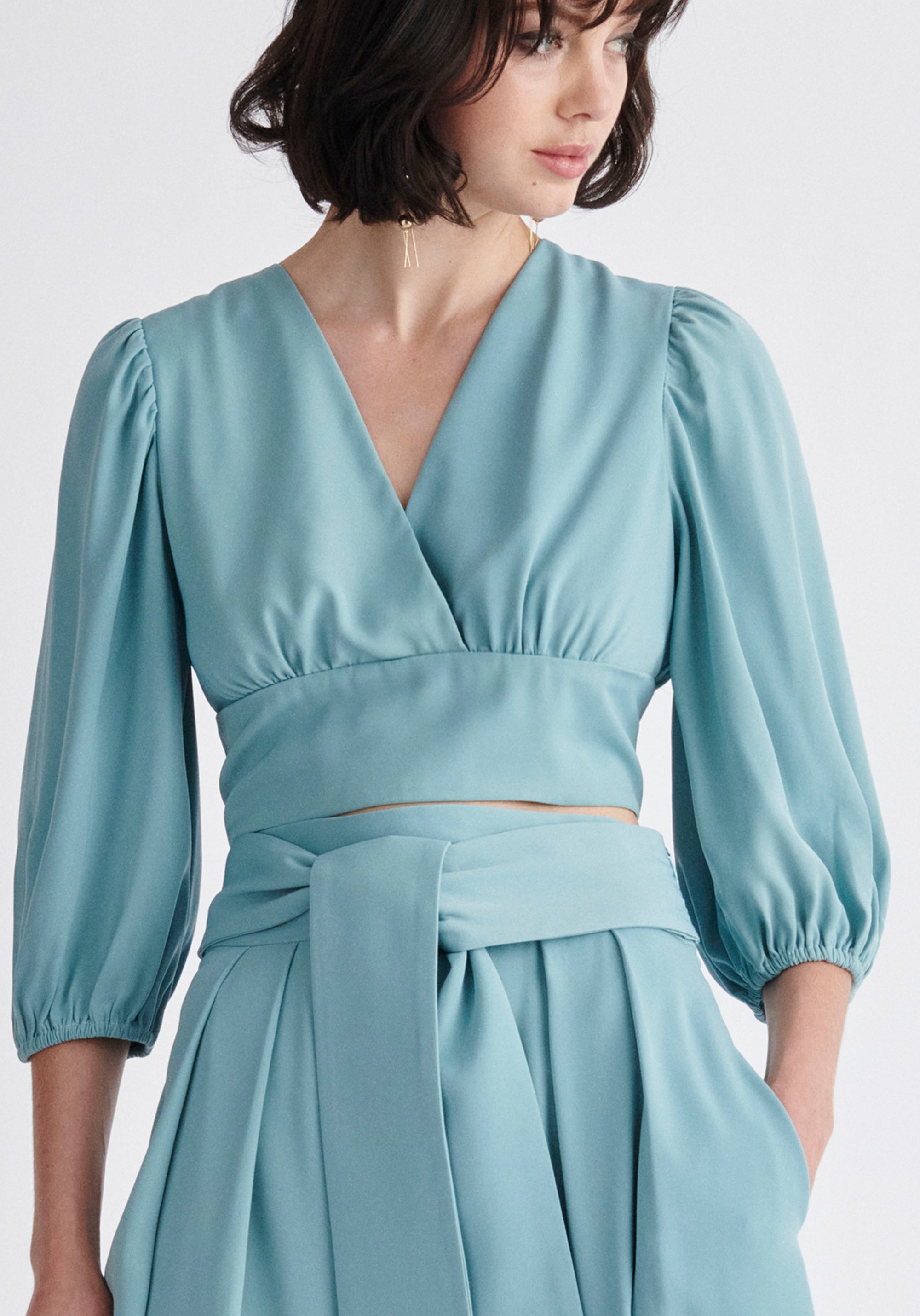 Paisie Wrap Crop Top in Light Blue Close Up