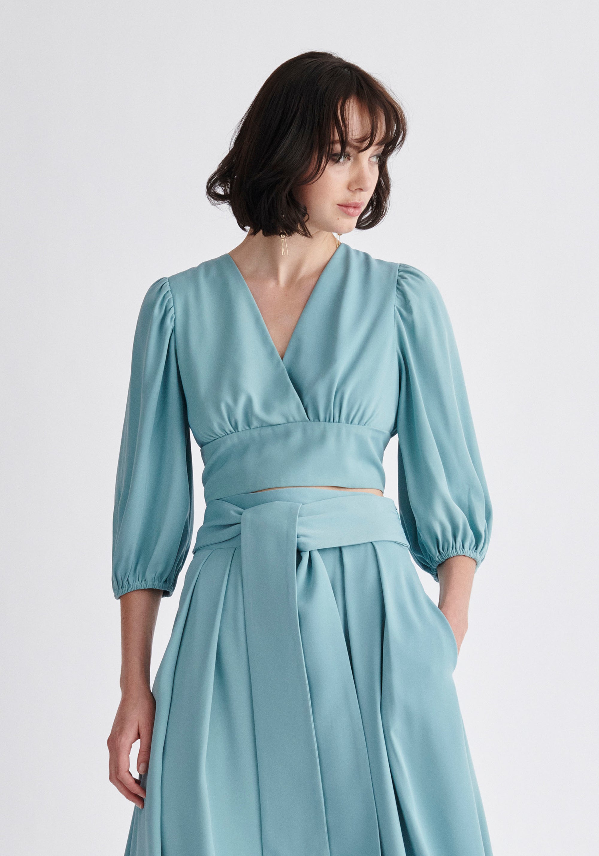 Paisie Wrap Crop Top in Light Blue