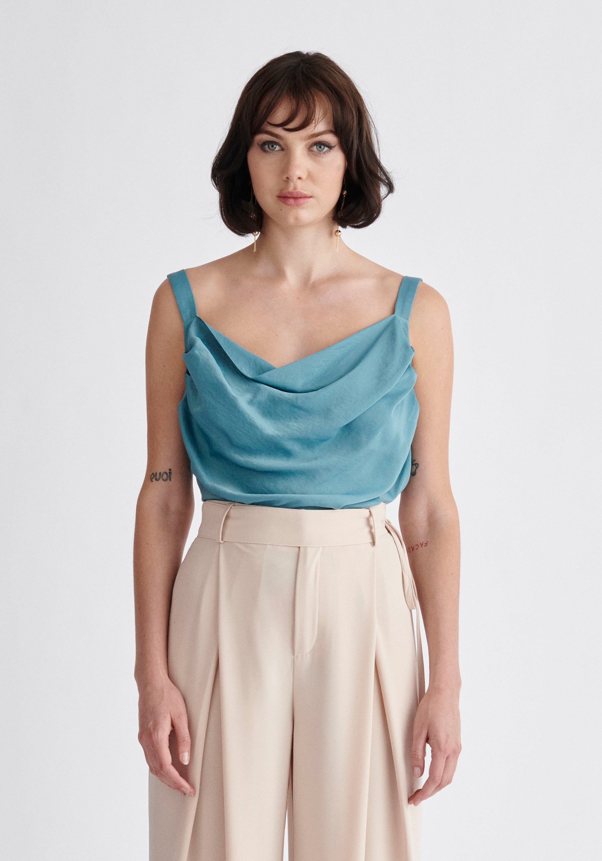 Paisie Cowl Neck Vest Top in Teal