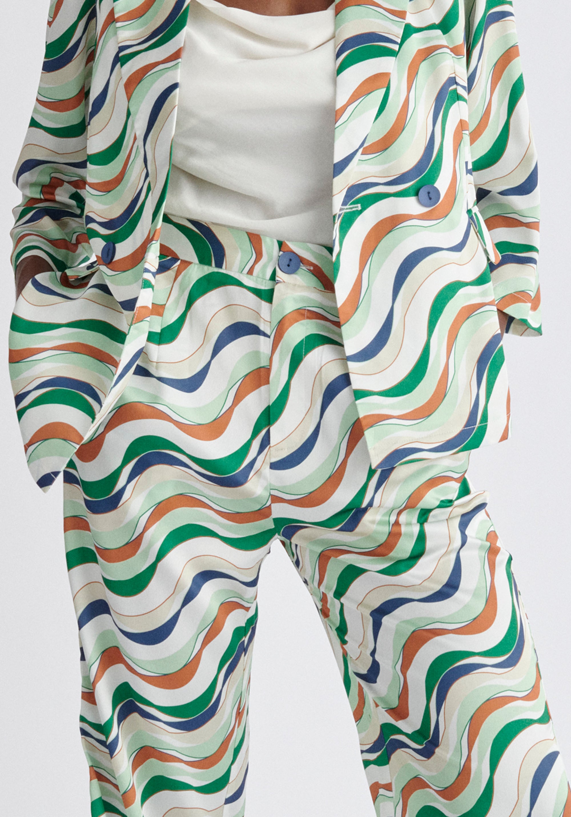 Paisie Wave Print Trousers in Green Close Up