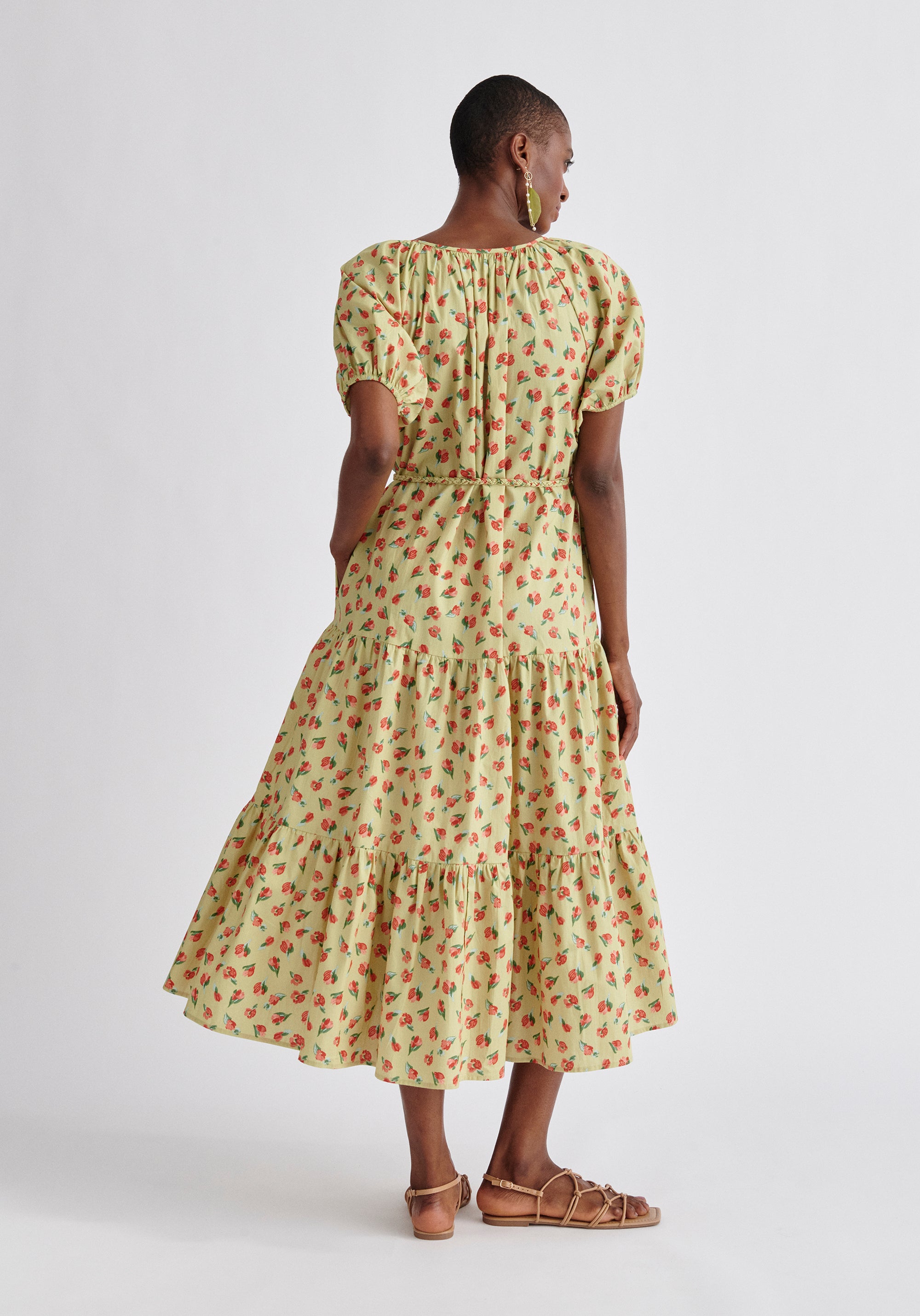 Paisie Floral Tiered Belted Cotton Dress Back