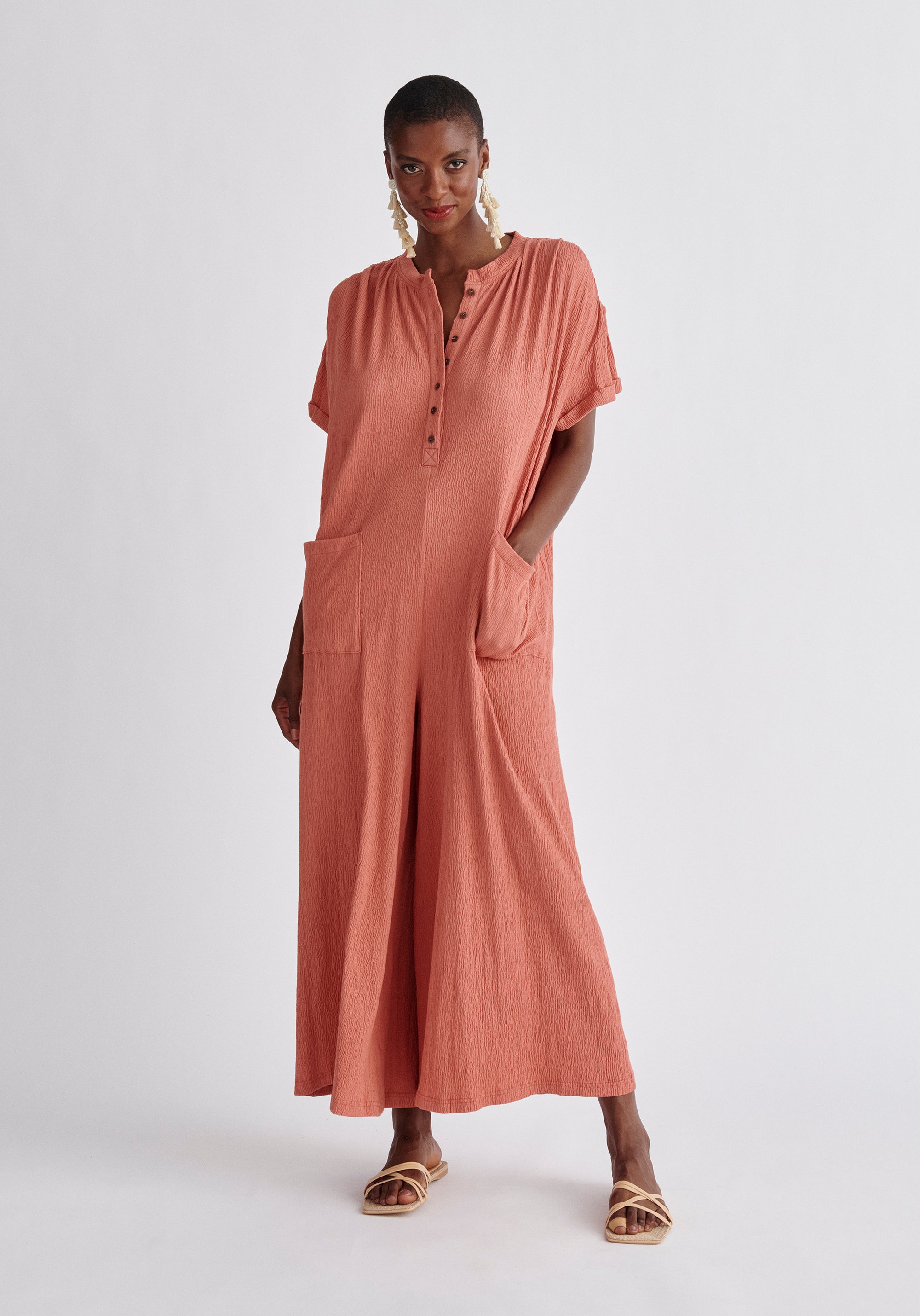 Paisie Belted Button Jumpsuit in Pink