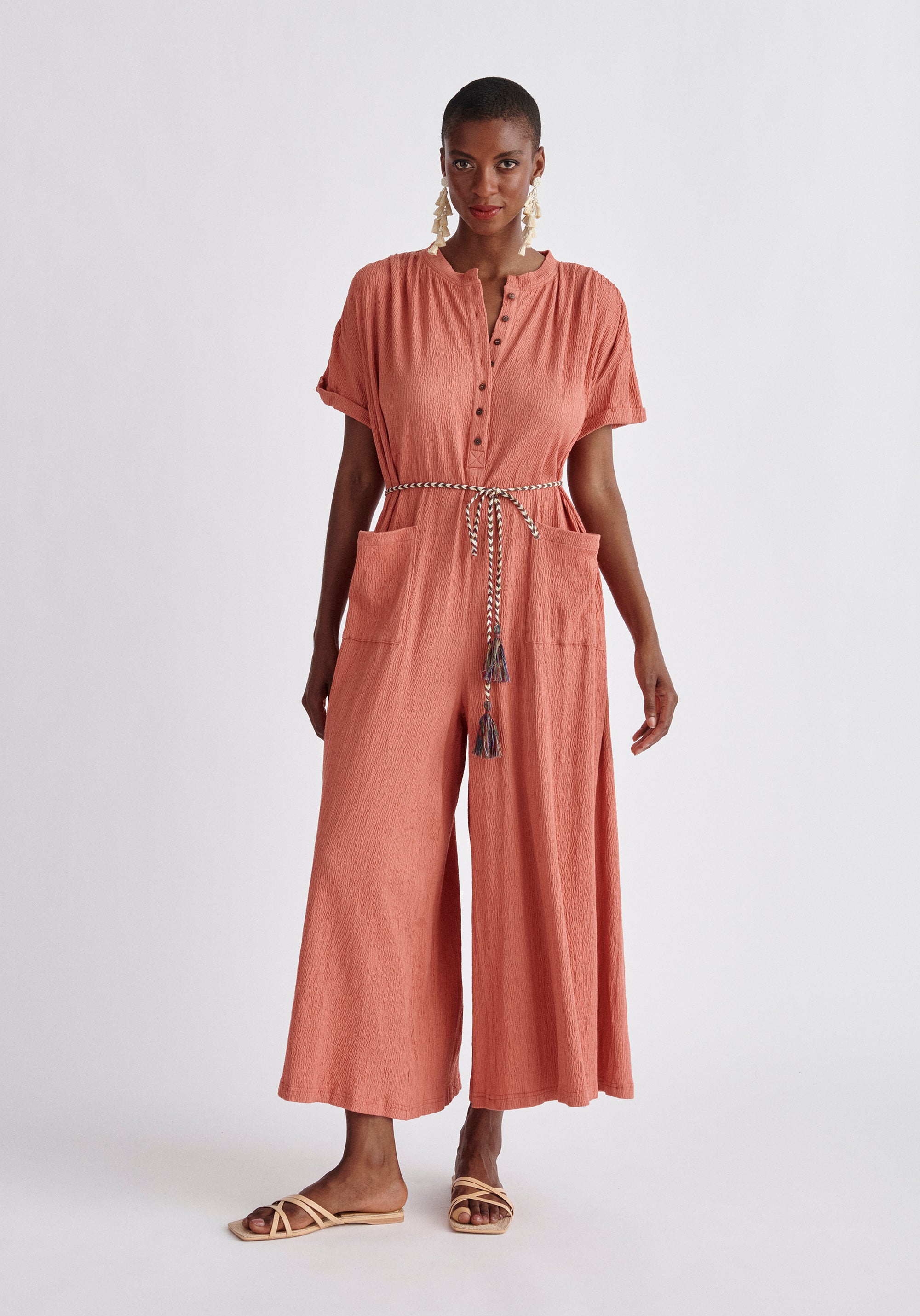 Paisie Belted Button Jumpsuit in Pink