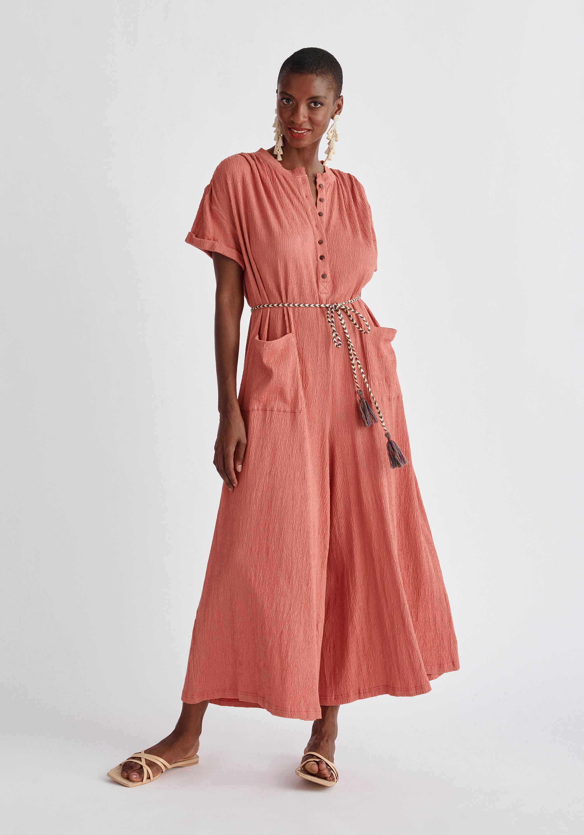 Paisie Belted Button Jumpsuit in Pink