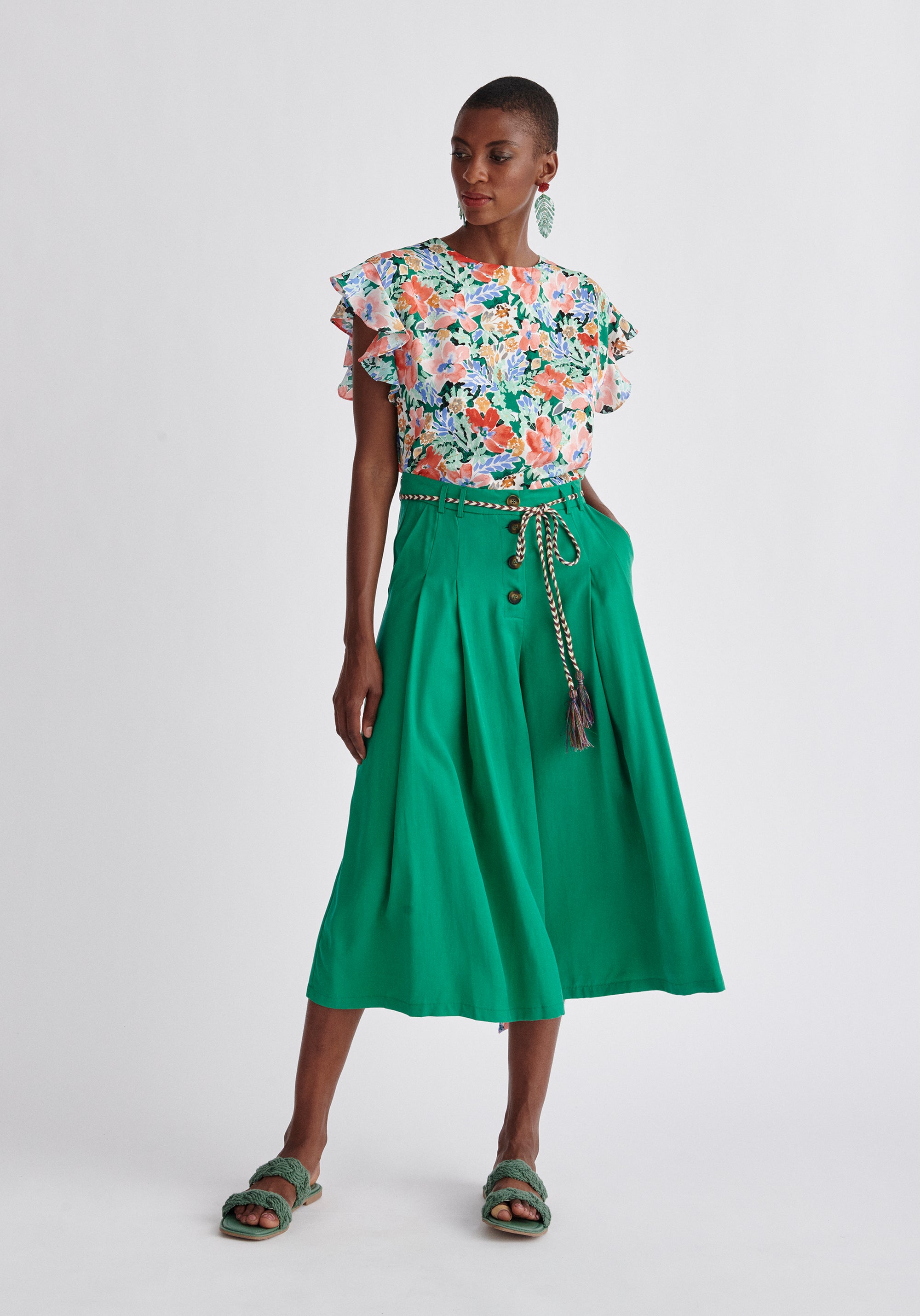 Paisie Pleated Tencel Culottes in Green
